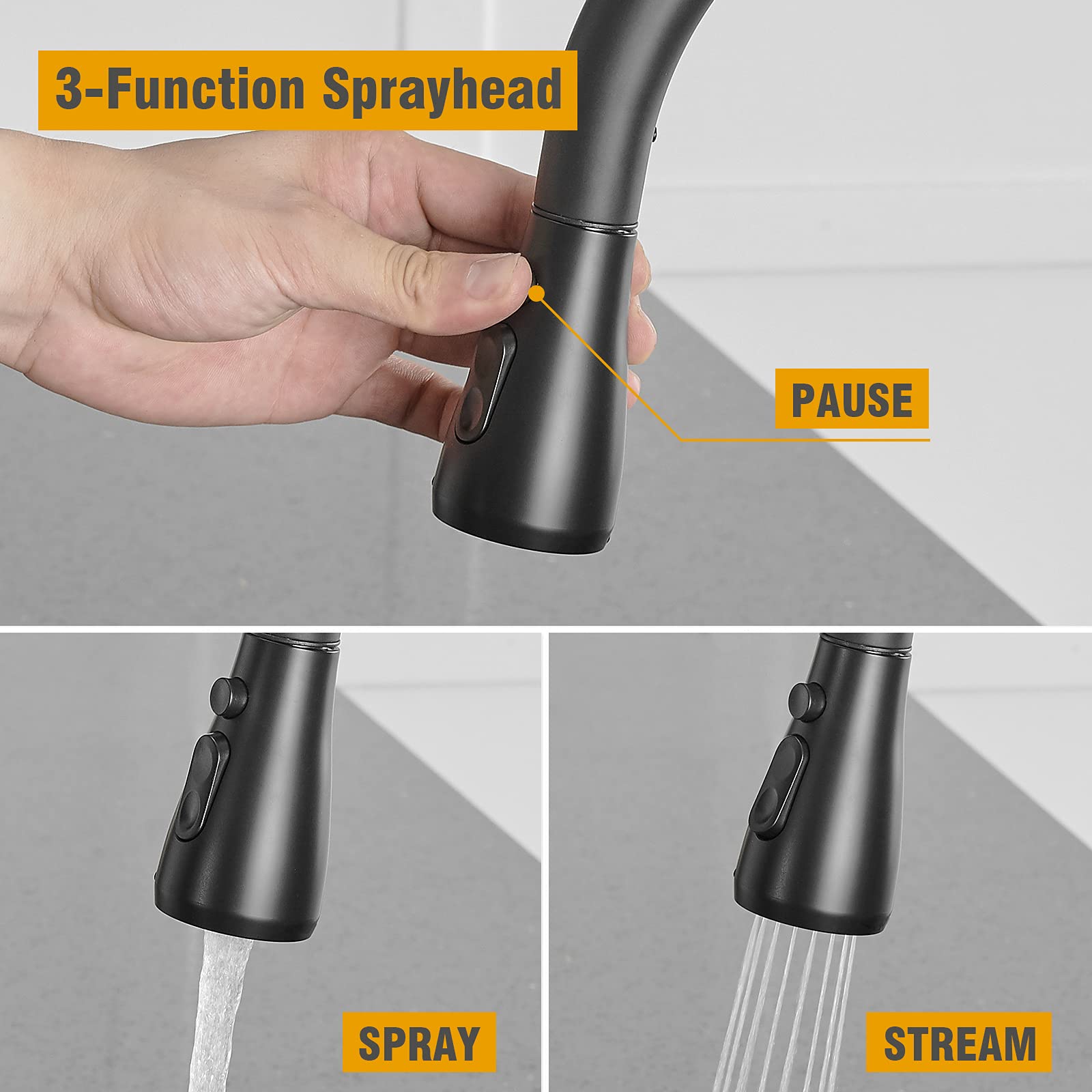 Besy Brass Single Handle Kitchen Faucet With Pull Down Sprayer,Rv High-Arc Kitchen Sink Faucet With Pull Out Sprayer,Single Lever 3 Function Laundry Room Faucet,Matte Black (1 Or 3 Hole)