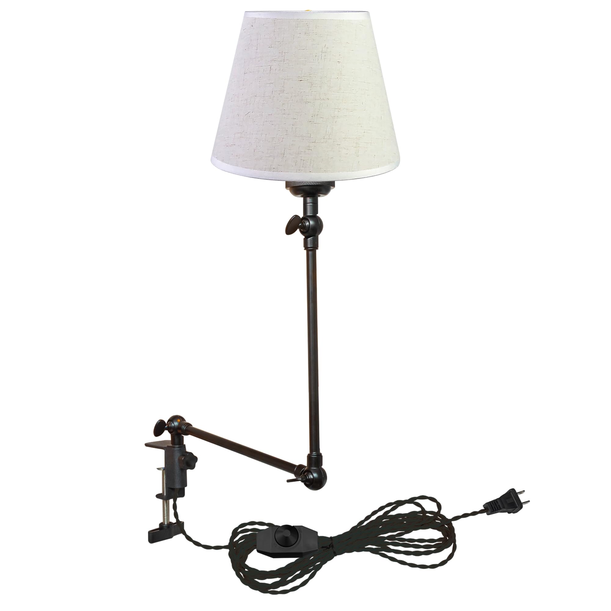 Kiven Plug-In Modern Clip-On Desk Lamp, 1-Light Modern Nightstand Lamp With Flexible Arm, White Drum Fabric Lampshade, 8.2Ft Plug In Cord, Decorative Clamp Lamp For Office Home Bookshelf Bedside