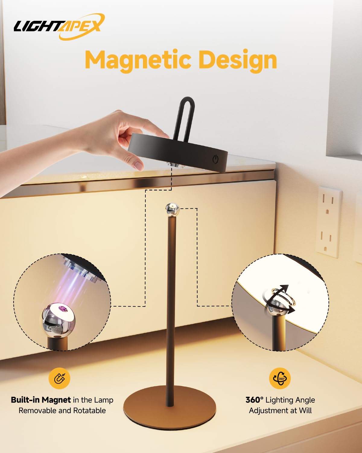 Lightapex Cordless Table Lamps, 2-Pack, Rechargeable Portable Lamps With Stepless Dimming, Touch Control, Detachable Magnetic Design For Bedroom, Living Room, And Reading（Black）