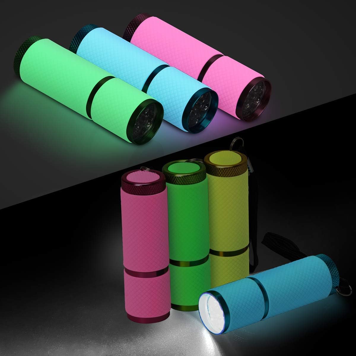 Ahier 9 Led Glow In Dark Flashlights, 4 Pack Rubber Coated Small Flashlights With Straps, Portable Handy Lights For Camping, Hiking, Indoor, Assorted Colors
