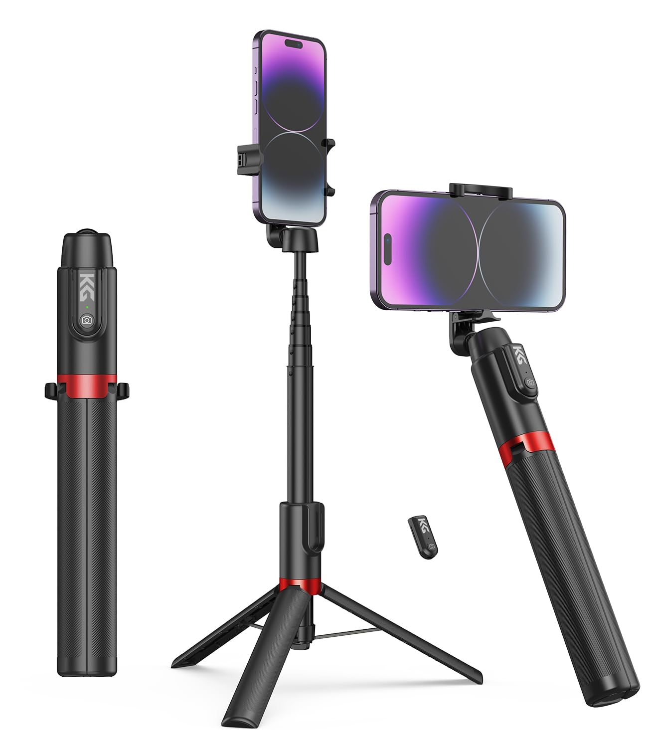 Kraftgeek Tripod For Iphone, 51" Phone Tripod Stand For Iphone And Android, Portable Cell Phone Selfie Stick With Remote For Video Recording, Vlogging And Content Creation, Black & Red