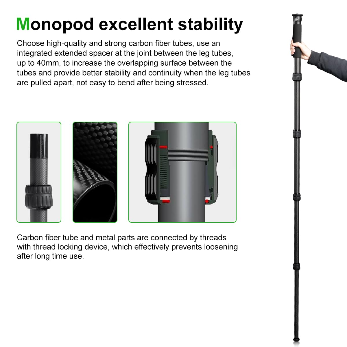 Fanaue Md-01 Camera Monopod Stand With 1/4"-20 And 3/8"-16 Threads, Carbon Fiber Monopod For Canon Nikon Sony And Dslr Cameras, Lightweight Travel Tripod Load 10Kg/22Lbs, Great For Outdoor Photography