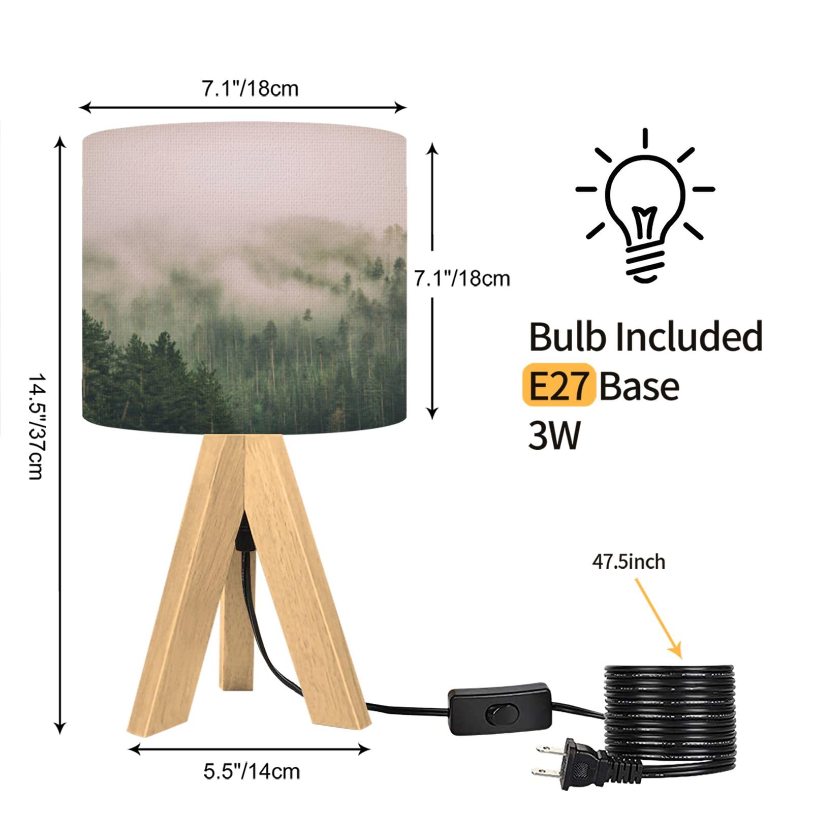 Dqwijakx91 Tripod Table Lamp Clouds Mountain Forest Mountain Landscape Scenery Nature Tree Cloud Modern Bedside Dimmable Desk Lamp Wooden Base Fabric Lampshade For Kids Room, Nursery, Bedroom, Living Room