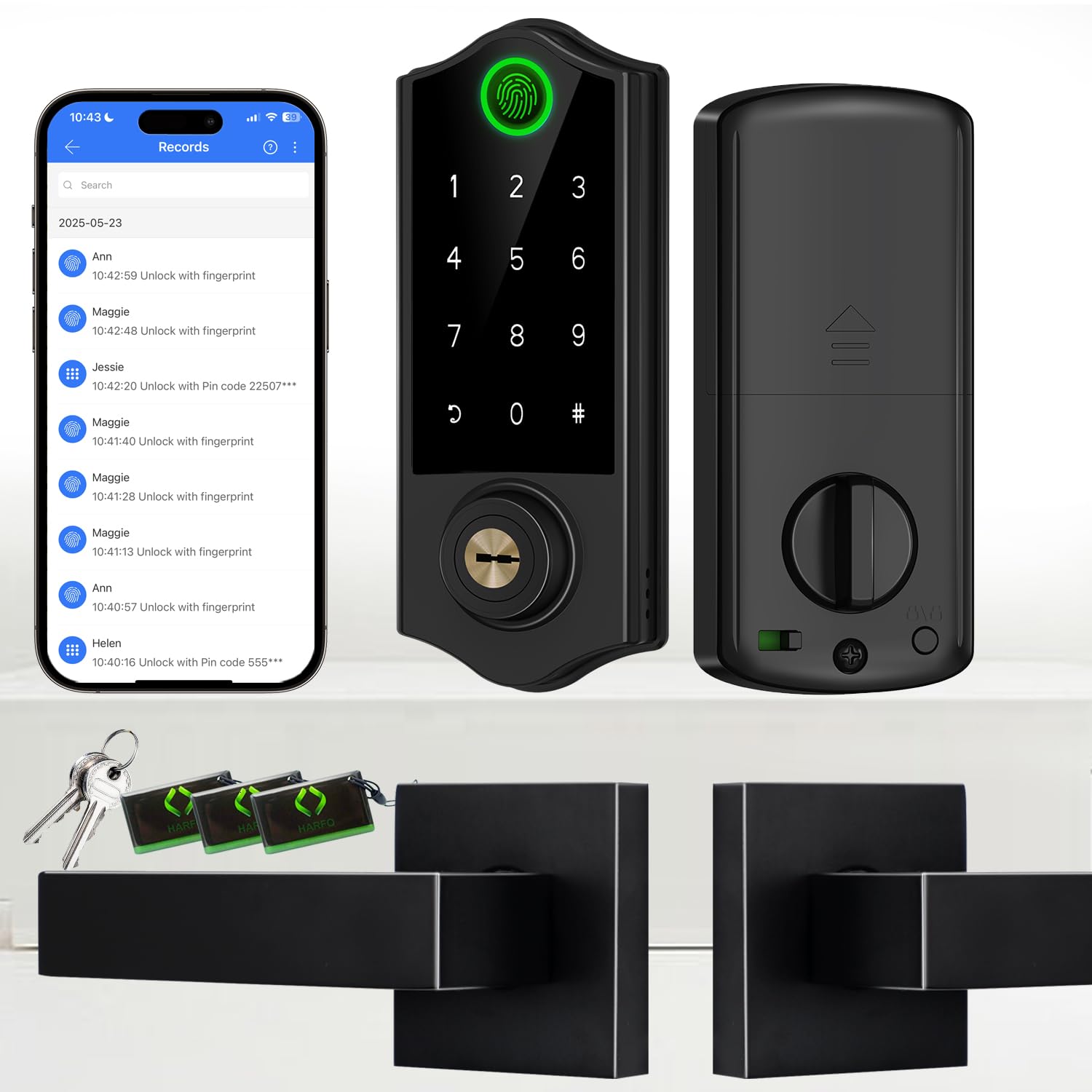 Harfo Fingerprint Smart Door Locks With Handles, App Control, Keyless Entry Front Door Lock Set, Bluetooth Digital Electronic Touchscreen Keypad Deadbolt, Easy Installation, Black