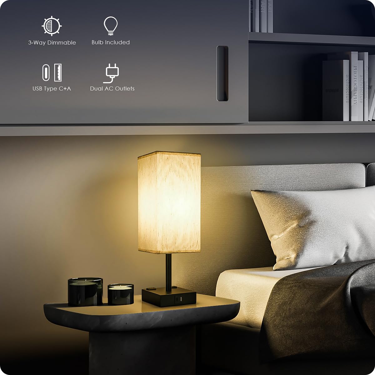 Soilsiu Bedside Table Lamps Set Of 2 - Touch Nightstand Lamp For Bedroom With Usb C+A Charging Ports & Ac Outlets, 3-Way Dimmable Desk Lamp Flaxen Fabric Shade For Living Room Office(Bulb Included)