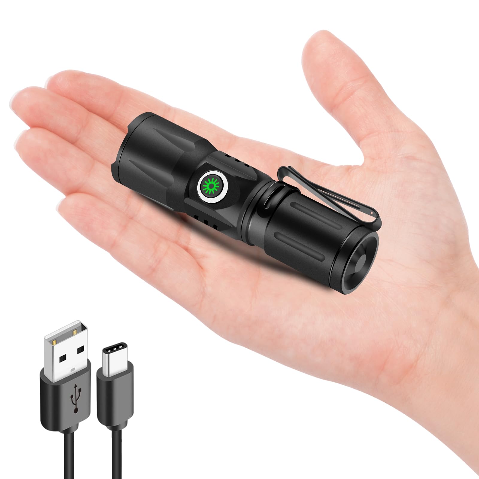 Nwdey Super Bright Lightweight Flashlight With Clip : Only 2.12 Ounces, 500 Lumens,Pocket-Size, Zoomable, Rechargeable, Waterproof, Sos-Mode, Adjustable Brightness For Outdoor & Emergency Use