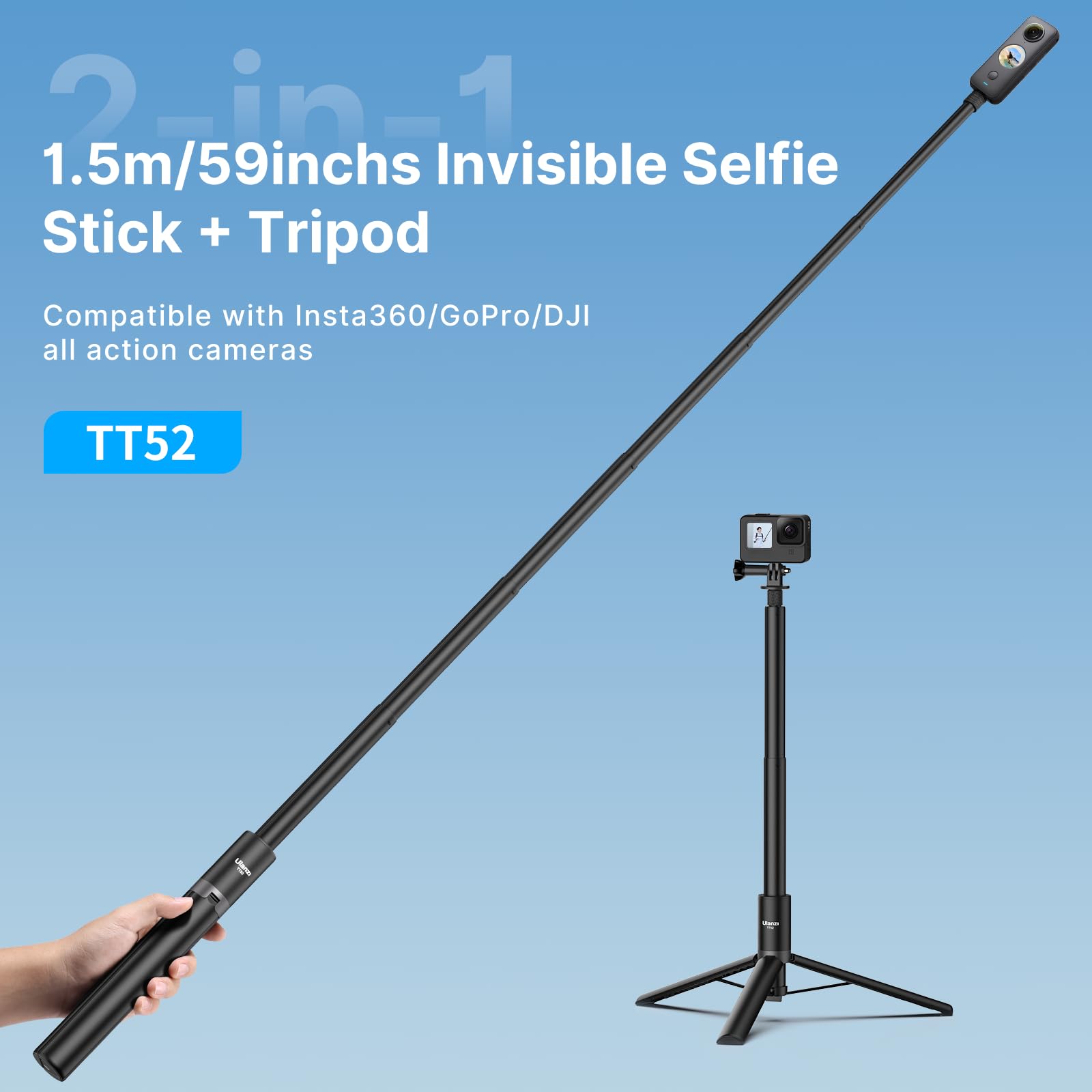 Jusmo 59In Invisible Selfie Stick Tripod For Insta360 X4/Go 3/X3/One Rs/One X2/One X/Go 2/One R/One, Ulanzi Tt52 Extension Pole Adjustable Waterproof Handle Grip For Gopro Dji Insta 360 And More