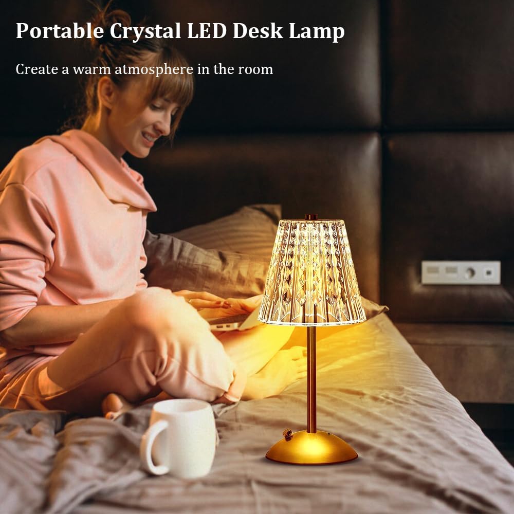 Hpufkot Portable Crystal Metal Desk Lamp,3-Color Touch Control, Rechargeable Battery - Ideal Bedside Lamp For Bedroom Nightstand (Metal Gold)