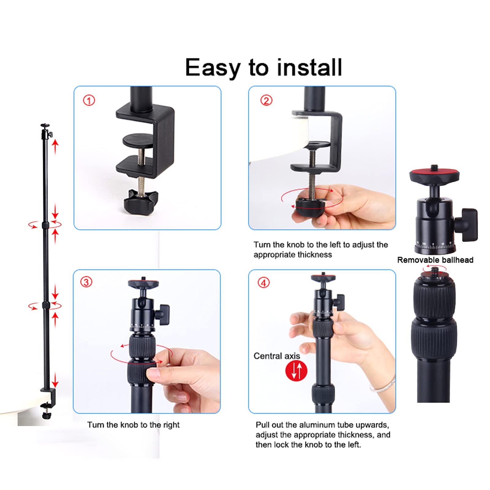 Regetek Desk Camera Mount Desk Mounting Stand With 360°Rotatable Ball Head, 16-33 Inch Tabletop Mount Stand, Aluminum Desktop Light Stand With 1/4 Screw For Dslr Camera, Ring Light, Desk Mount