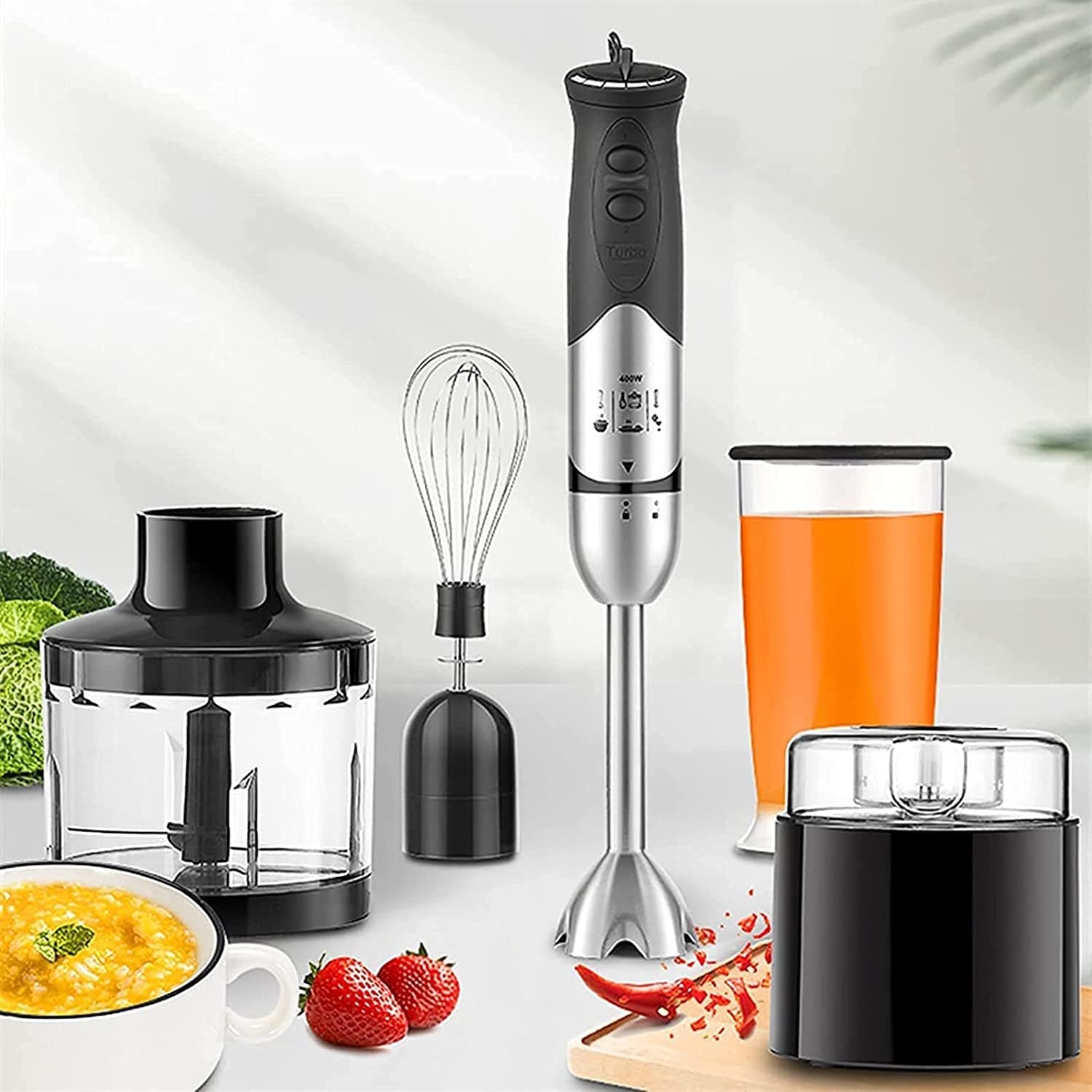 Kaabeto Multifunction Immersion Hand Blender, 6-In-1-Speed Stick Blender With 500Ml Food Grinder, Bpa-, 600Ml Container,Milk Frother,Egg Whisk,Puree Infant Food, Smoothies, Sauces And Soups