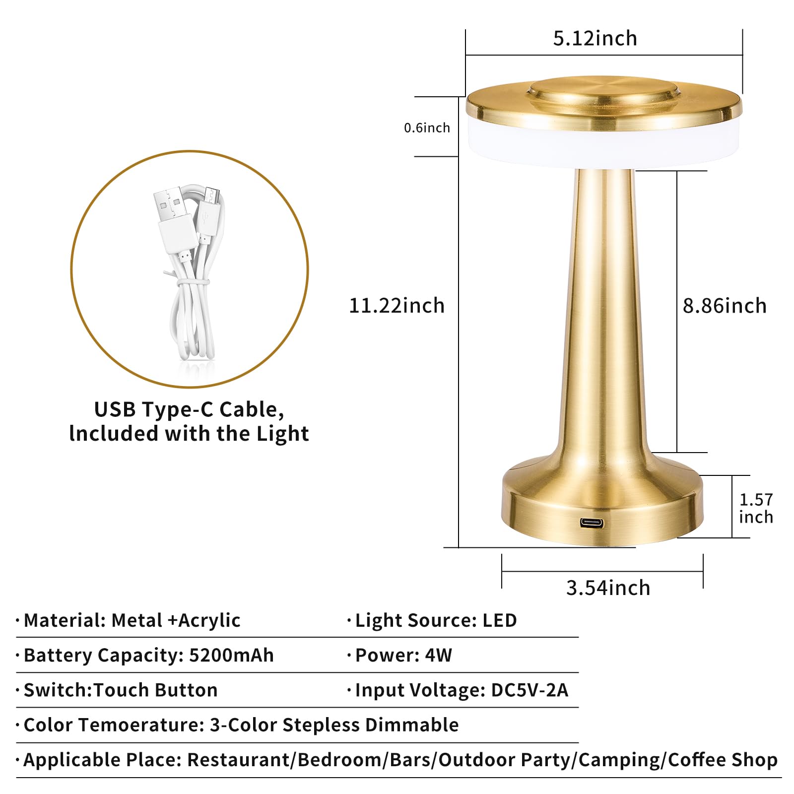 Hapygi Rechargeable Cordless Led Table Lamp ,Touch Sensor Light, Battery Operated Lamp，3-Levels Portable Dimming Lamp ,Bedside Lamp/ Night Light/Restaurant /Outdoor/Coffee /Bar (Gold)…