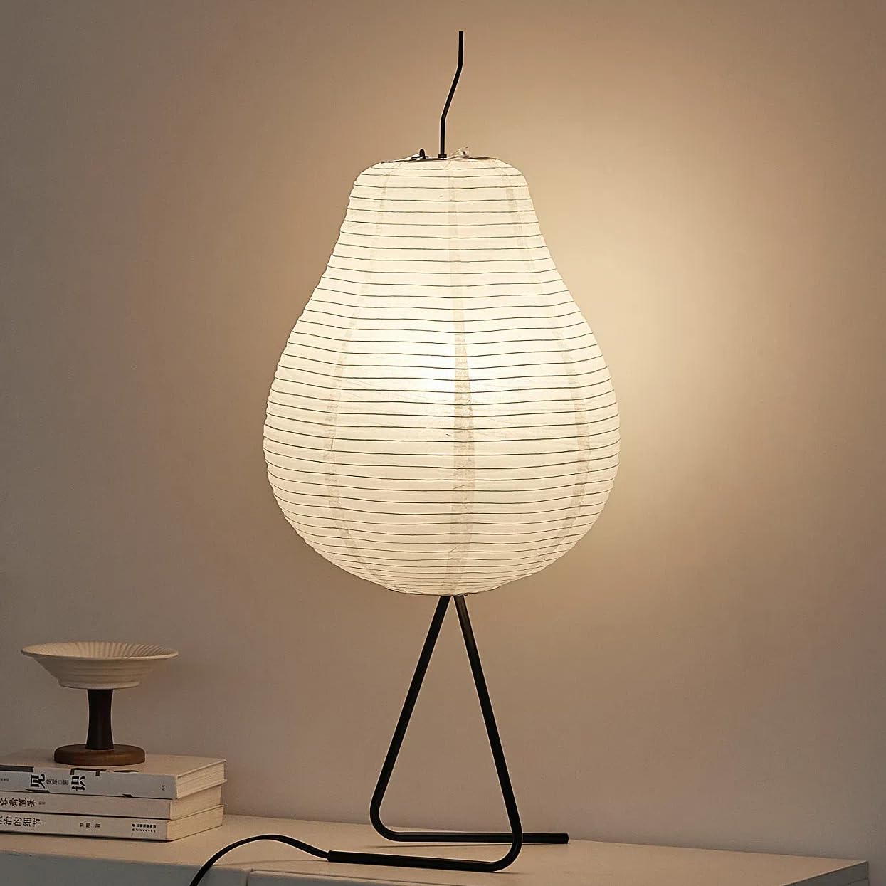 Fliopio Japanese Rice Paper Table Lamp - 3000K Bulb Included White Handmade Pear Noguchi Akari Lamps - Noggy Standing Paper Lantern With Wabi Sabi Shade For Bedroom Living Room 12.2"D X 12.2"W X 29.5"H
