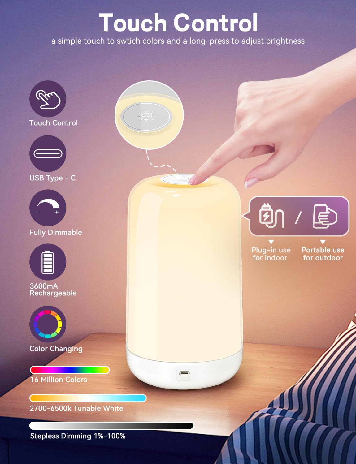 Nowepai Smart Touch Bedside Table Lamp [Multi-Color & Warm Lights], 3600Ma Cordless Small Table Lamp Rechargeable, 7 Colors & Fully Dimmable Led Night Lights For Bedroom Nightstand Nursery Living Room