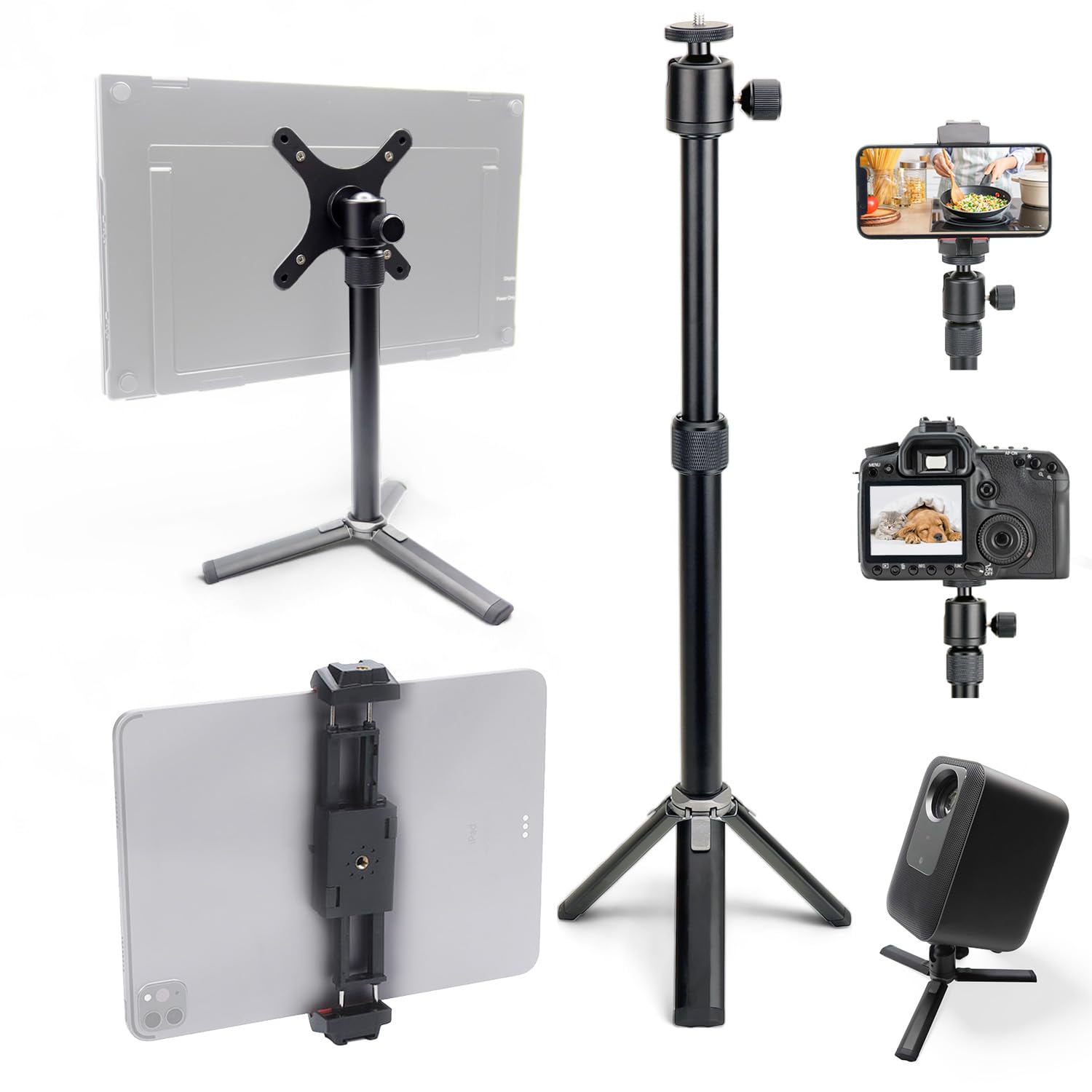Kado Metal Portable Monitor Stand Tripod, 100X100Mm 75X75Mm Wall/Arm Mount Adapater Bracket Plate, 360° Ball Head And 1/4" Screw Compact For Phone, Tablet, Projector, Camera And Webcam