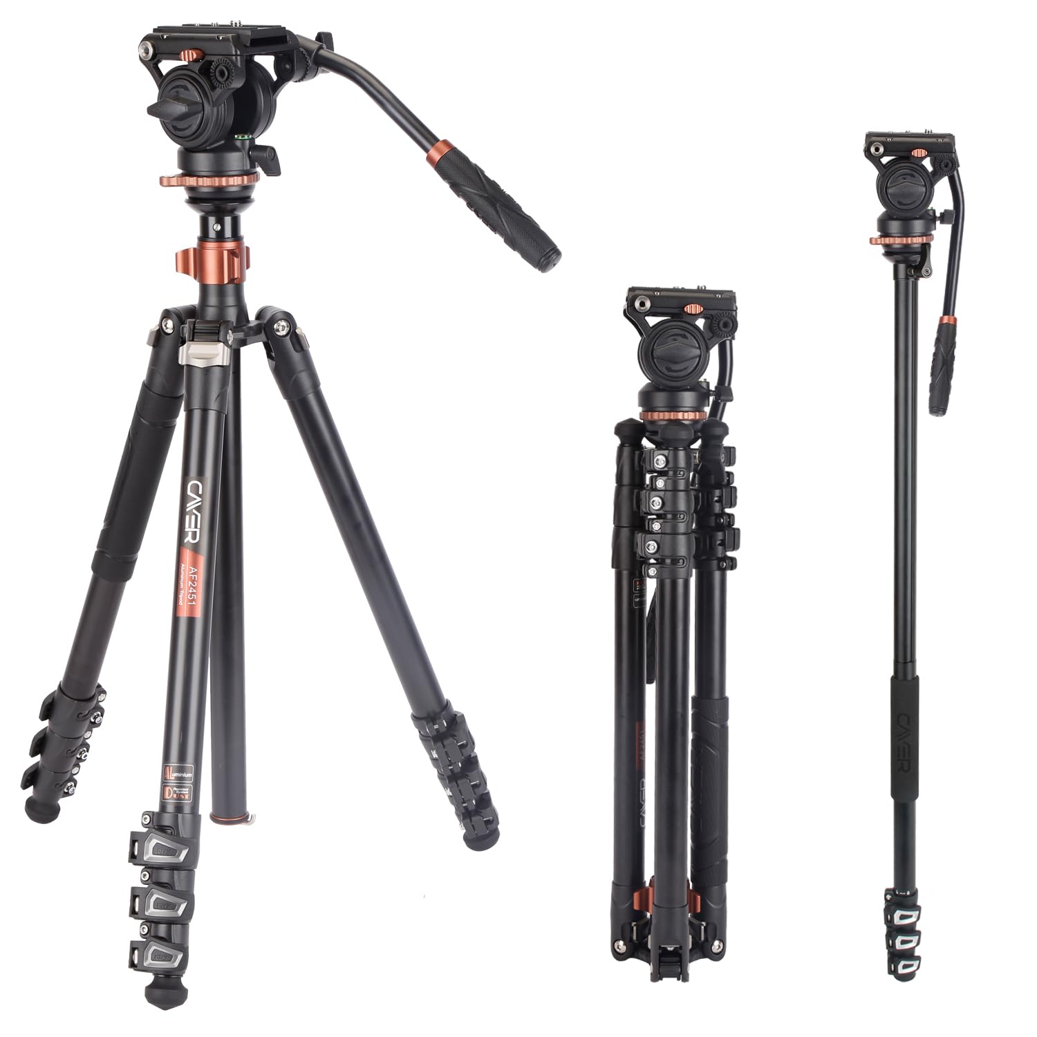 Cayer Af2451 Video Tripod With Fluid Head, 74.6" Convertible Aluminum Tripod To Monopod, 13.2 Lbs Payload, Half Ball Leveling Base For Dslr Cameras And Video Recording