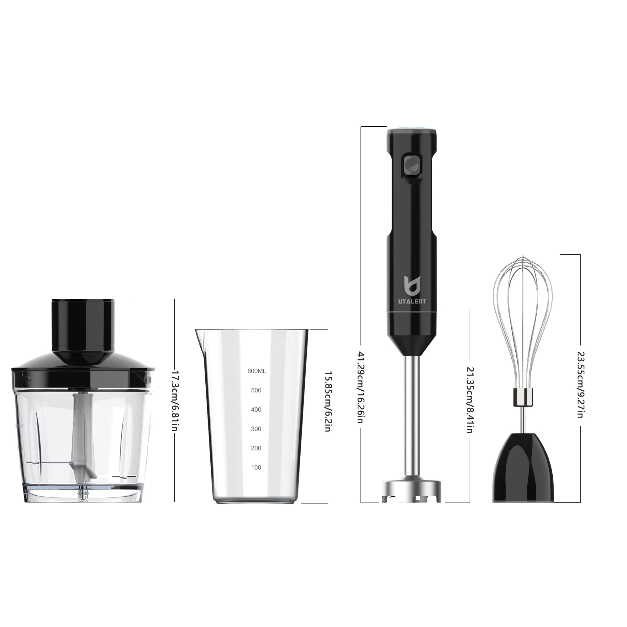Utalent Cordless Hand Blender, Variable Speed Immersion Blender Rechargeable, With 500Ml Chopper, 600Ml Container, Egg Whisk, For Smoothies, Baby Food And Soups – Black