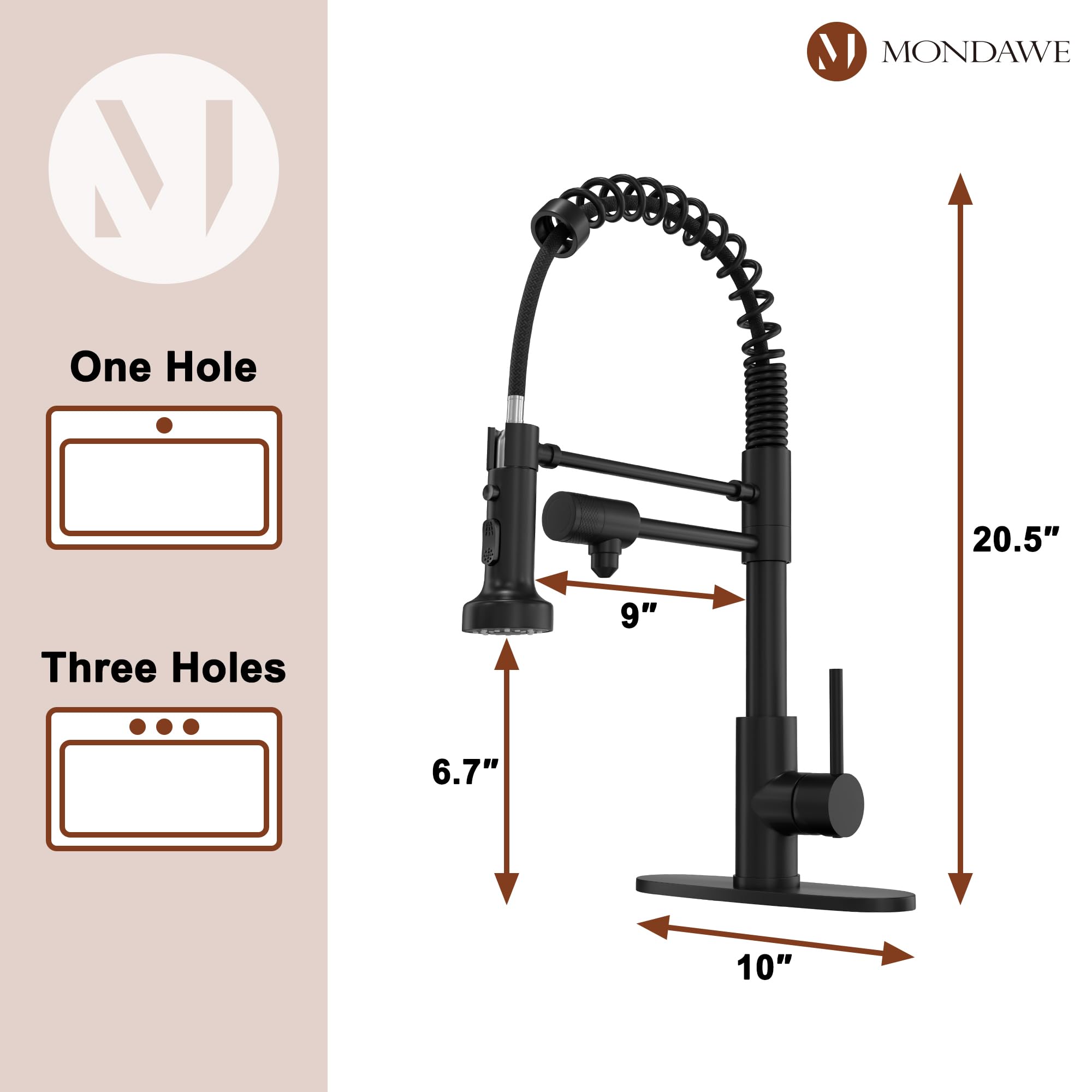 Mondawe 3 Way Spring Kitchen Faucet With Water Filter Faucet Solid Brass Single Handle Kitchen Sink Faucet With Pull Down Sprayer For Counter, Drinking Water Spout, Matte Black