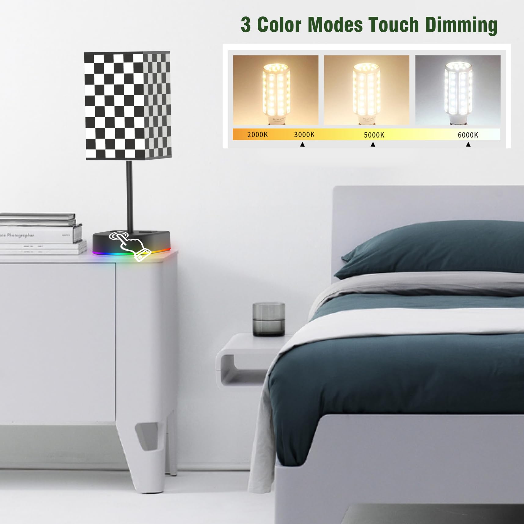 Bgmutcx Touch Control Bedside Table Lamp With 12W Led Light Bulb And Chess Board Fabric Shade,2 Ac Outlet, 3 Color Modes,For Bed Room/Nightstand/Office/Living Room Guest Room