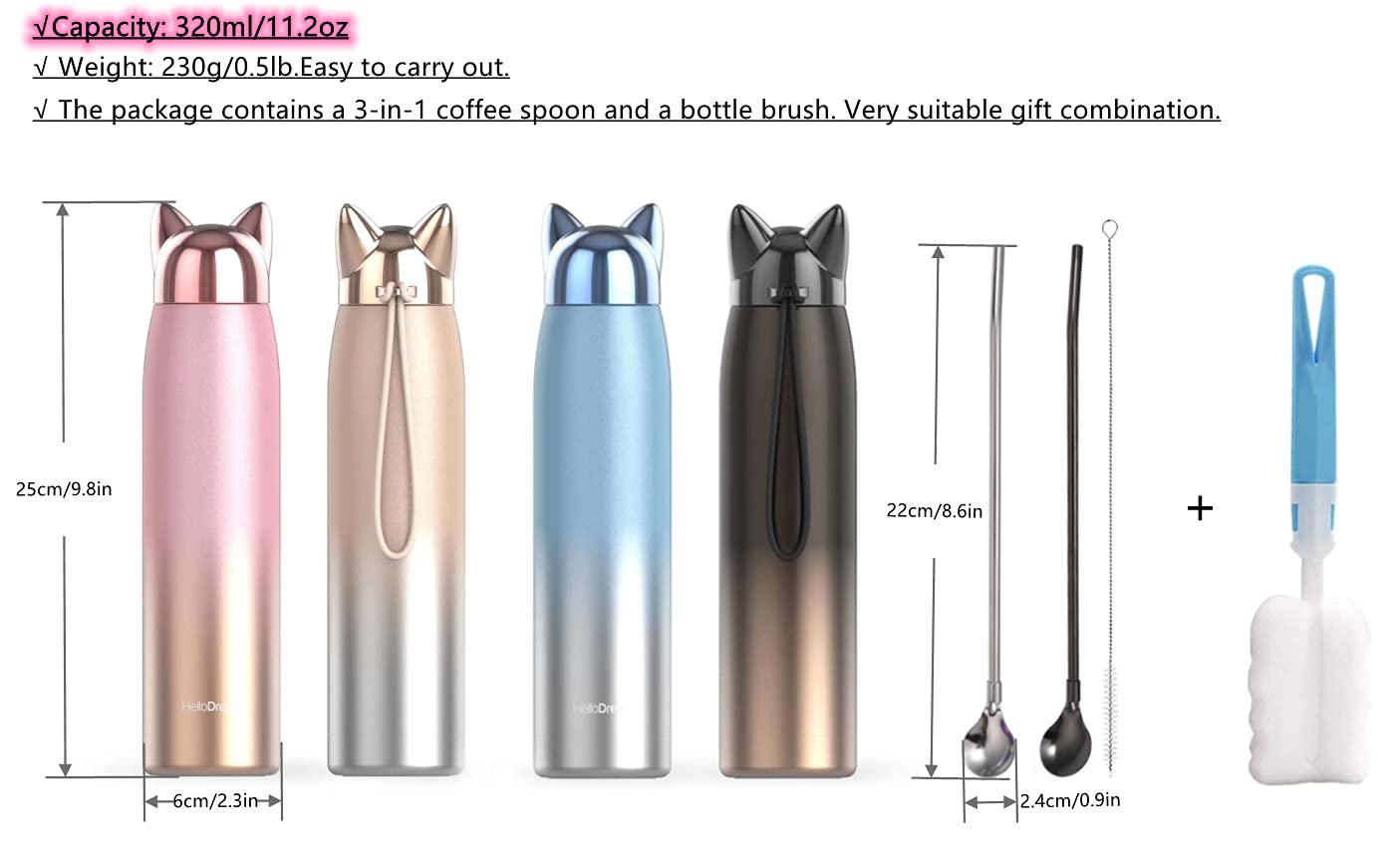 Insulated Bottle For Cat Lover : 11Oz Slim Stainless Steel Water Bottle Leak-Proof For Travel