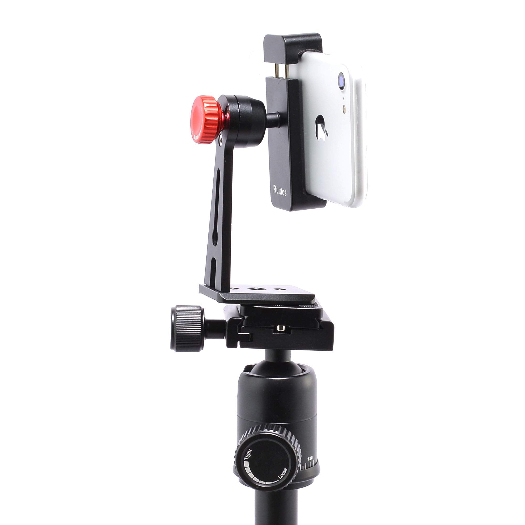 Ruittos Phone Holder For Tripod, Metal Cellphone Tripod Adapter 360 Degree Rotation Vertical Video Smartphone Bracket Clip Compatible With Iphone X Xs Xr 8 Samsung Galaxy S10 S9+ Huawei (Black C18)