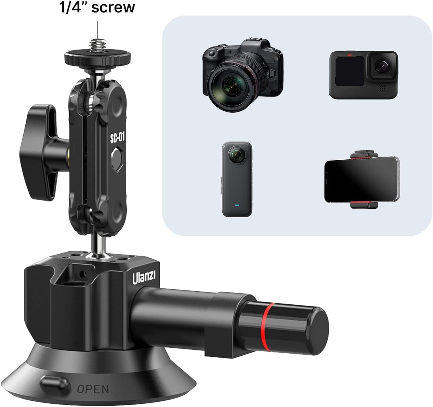 Uurig Sc-01 Suction Mount 3" For Vlogging Action Camera Car W Smartphone Clamp For Iphone 16 15 14 13 Pro Max, 1/4" Magic Arm Adapter Mount Desk Suciton Mount For Car Windshield Window