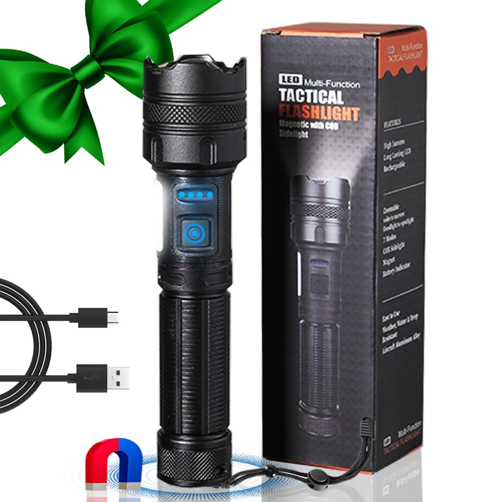 Vana Kula Rechargeable Led Flashlight, 250000 Lumens, Zoomable, 7 Modes, Cob Sidelight, Magnetic Base, Ipx6 Waterproof, For Emergency, Home, Camping, Hunting