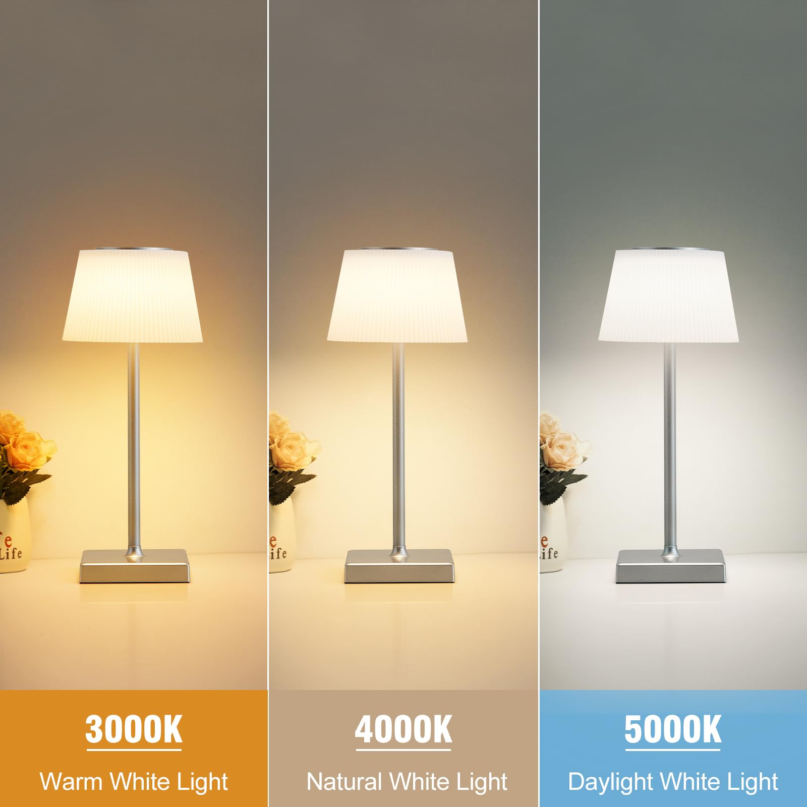 Illus Illumination Illus Touch Lamp, Pleated Design Rechargeable Led Desk Lamp, 3 Color Temperature Cordless For Bedroom, Small Kids Desk Light, Light For Bedside Nightstand Living Room Patio (Silvery)
