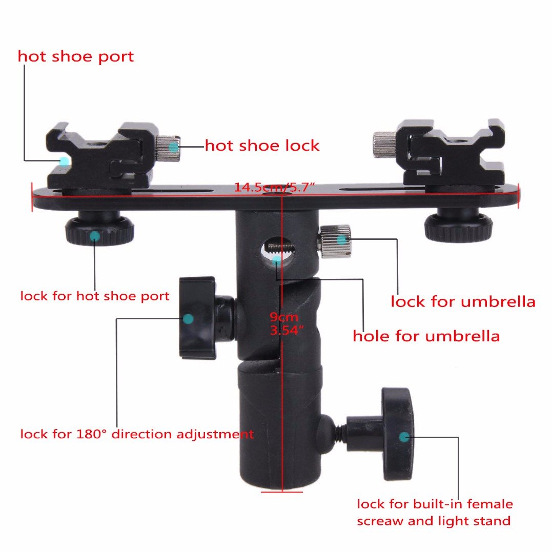 Exmax E2 Adjustable Double Flash Bracket Dual Hot Shoe Speedlight Stand Umbrella Holder Light Stand Bracket Mount 1/4" To 3/8'' For Studio Video Dslr Camera