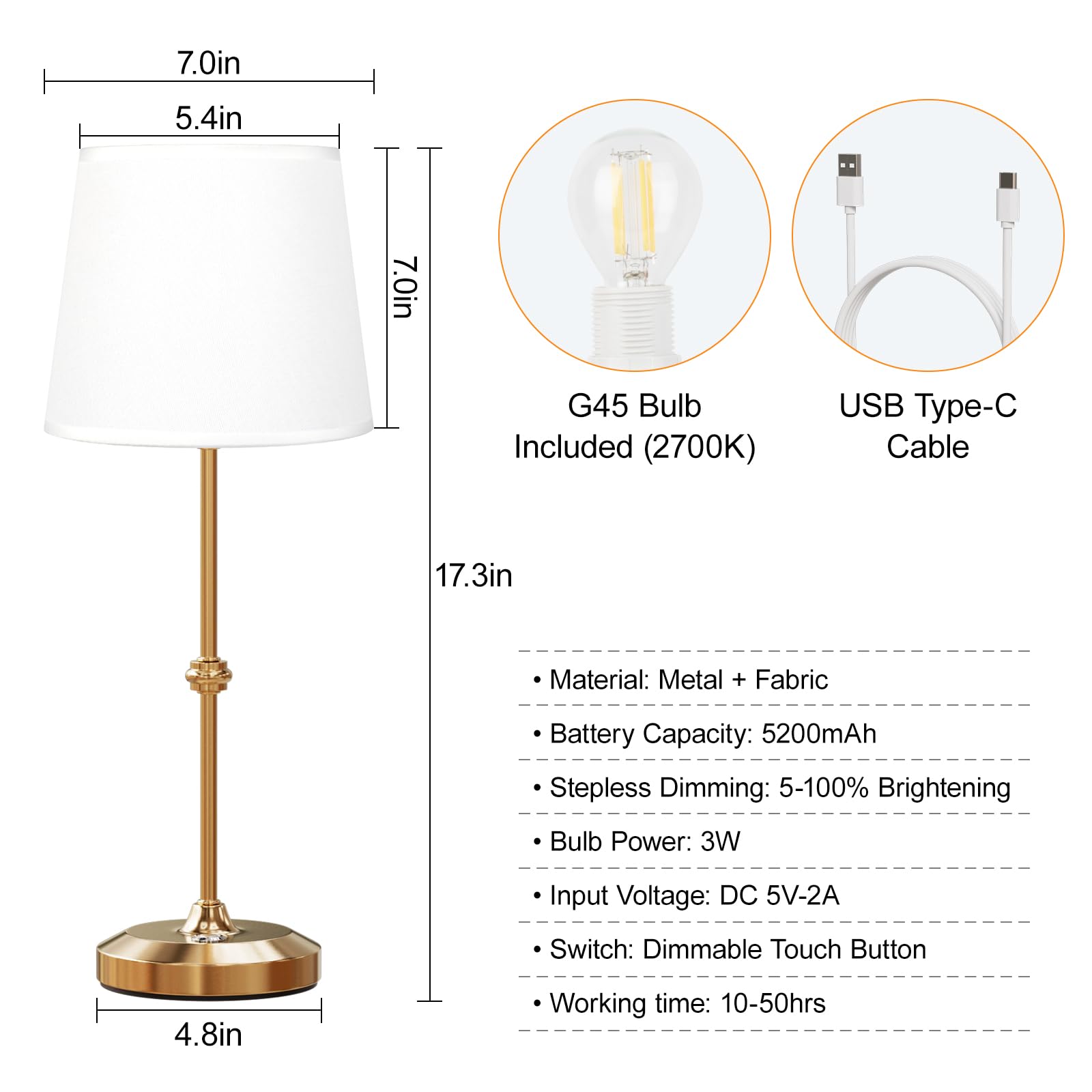 Nulmvic Portable Cordless Table Lamp, Rechargeable 5200Mah Battery Operated Light, Fabric Shade Wireless Lights, 3-Way Dimmable Led Touch Desk Lamp For Dining Room, Bedroom, Bedside, Bar, Camping