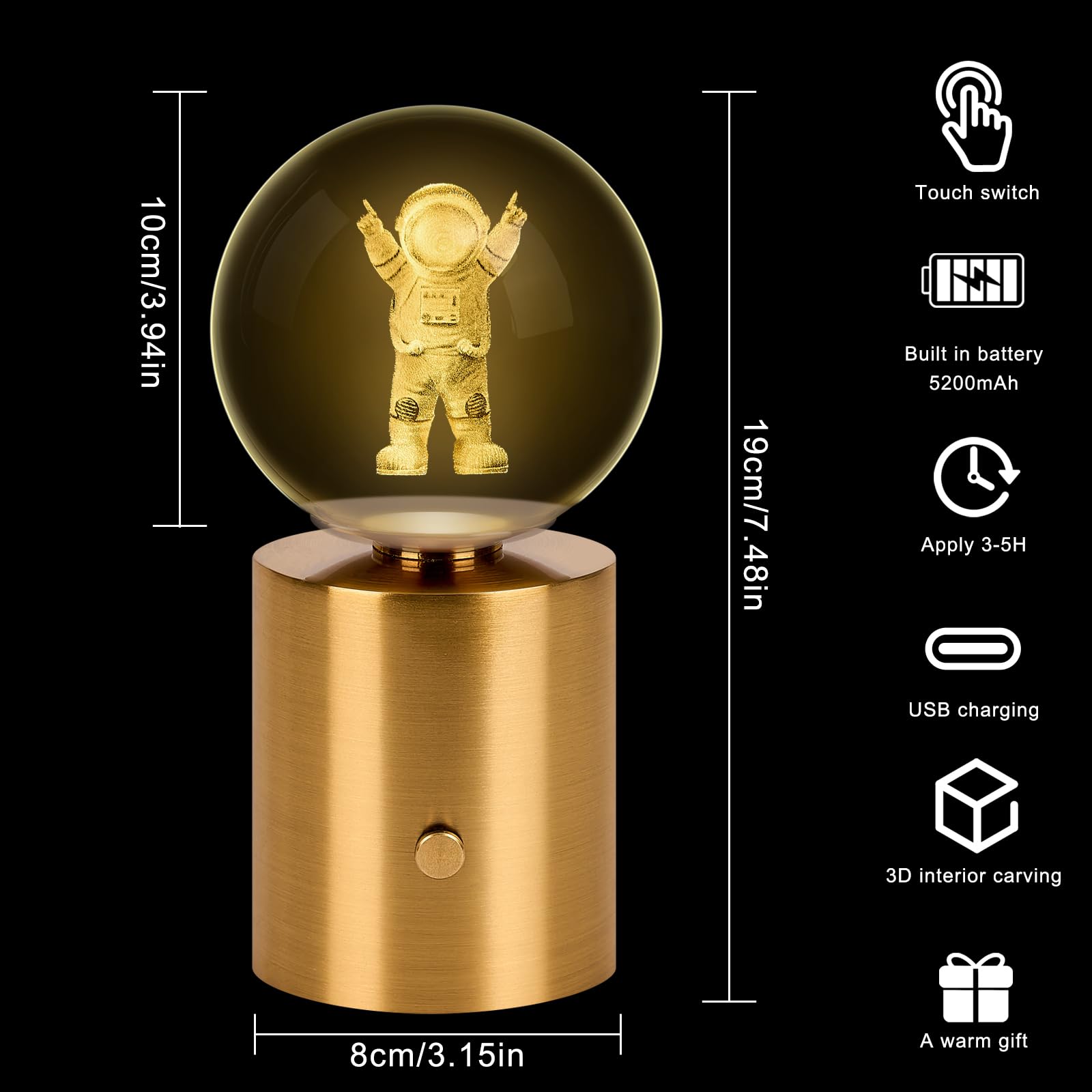 Homluce Cordless Table Lamp, Gold Rechargeable Battery Operated Lamp,3-Way Stepless Dimming Touch Crystal Ball Lamp, Night Light For Modern Hotel Bedroom Portable Living Room Light