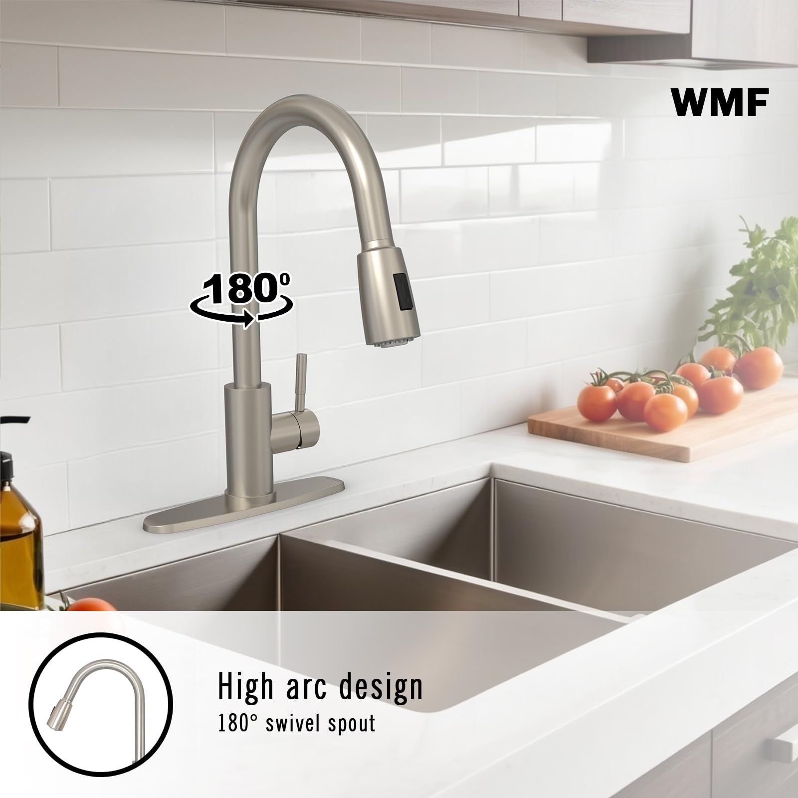 Wmf Kitchen Faucet With Pull Down Sprayer, Brushed Nickel, Anti-Fingerprint, High Arc, Dual Function, Stainless Steel, 1 Or 3 Hole Install For Rv, Farmhouse, Laundry, Bar, Camper