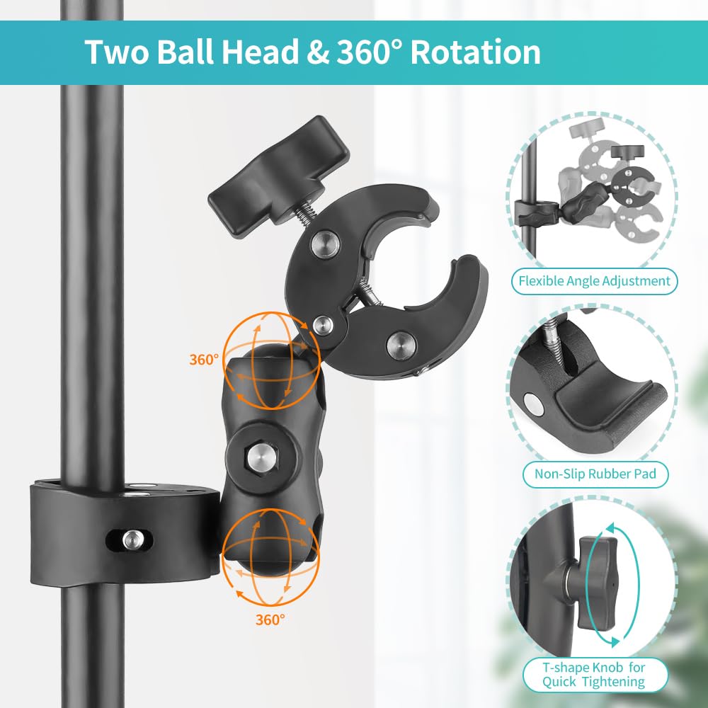 Jebutu Double Clamp Mount With 360°Magic Arm Umbrella Pole Clamp For Chair Monitor Desk Photo Studio Light Stand, Photography Reflector, Strollers, Motorcycle, Flag Holder Mount, Cross Bar, Photo Boom Stand