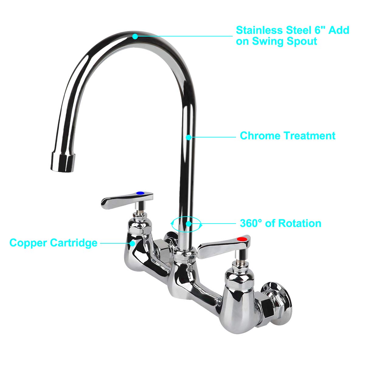 Kwode Wall Mount Faucet 8 Inch Center Commercial Kitchen Sink Faucet With 6" Gooseneck Swivel Spout 2 Handles Control Brass Contructed Chrome Finish