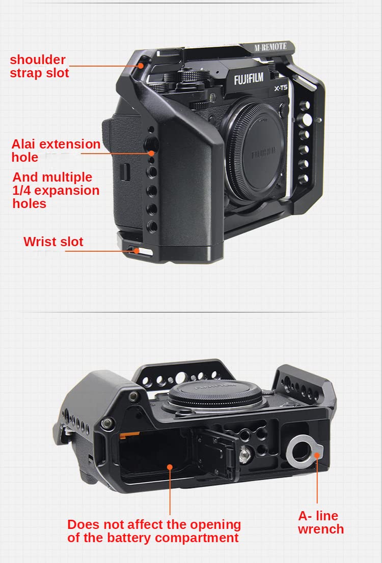 M-Remote Aluminum Alloy Video Camera Cage For Fujifilm Xt5 W Cold Shoe Mount 1/4&3/8 Inch Screw Holes Full Dslr Camera Cage Rig (Xt5-Cage)