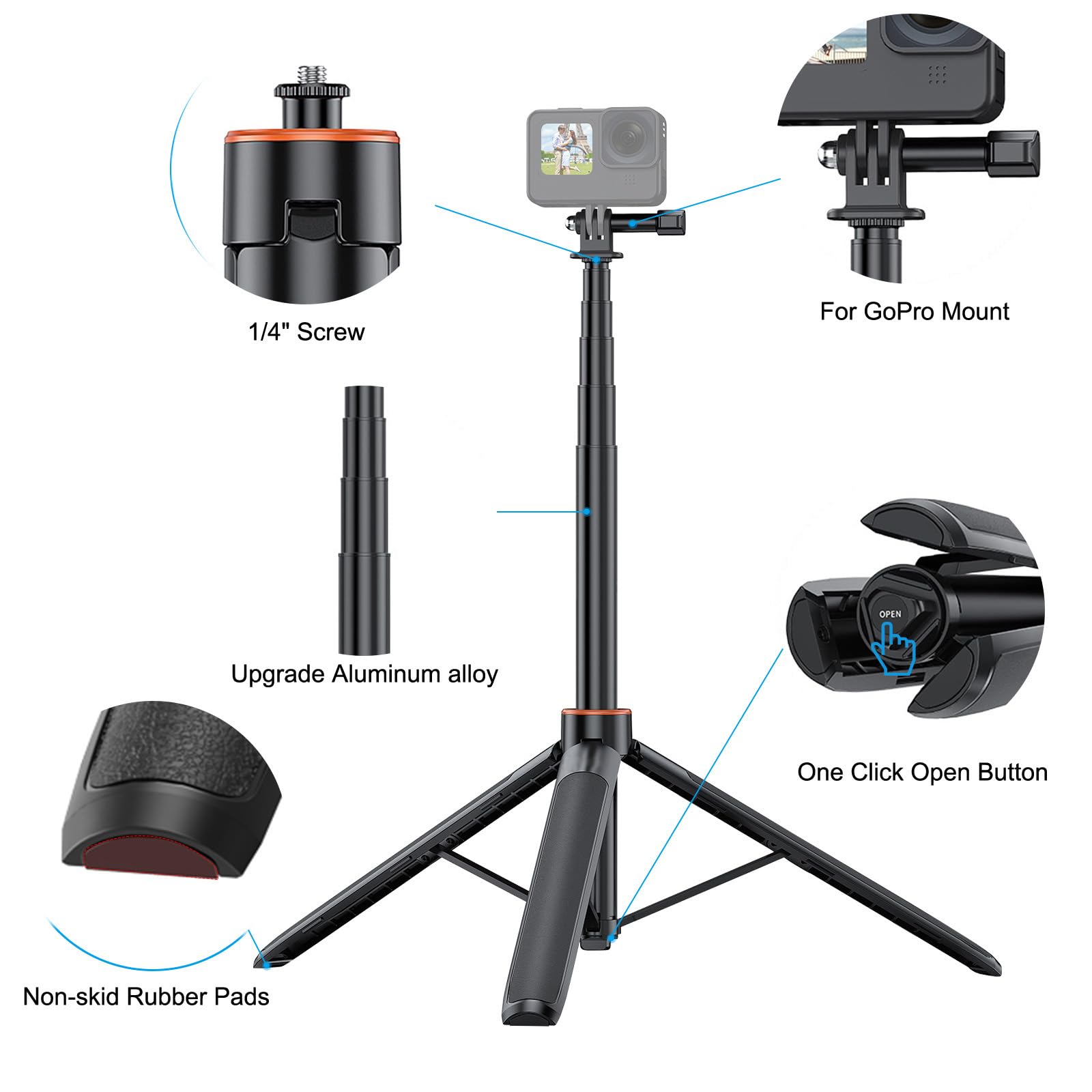 Yicdofu 54"/1.4M Extendable Selfie Stick Tripod For Action Camera, Aluminum Alloy Materials 2-In-1 Camera Mount For Group Photos/Vlogging/Live Streaming For Insta360/Gopro/Dji Osmo Ect