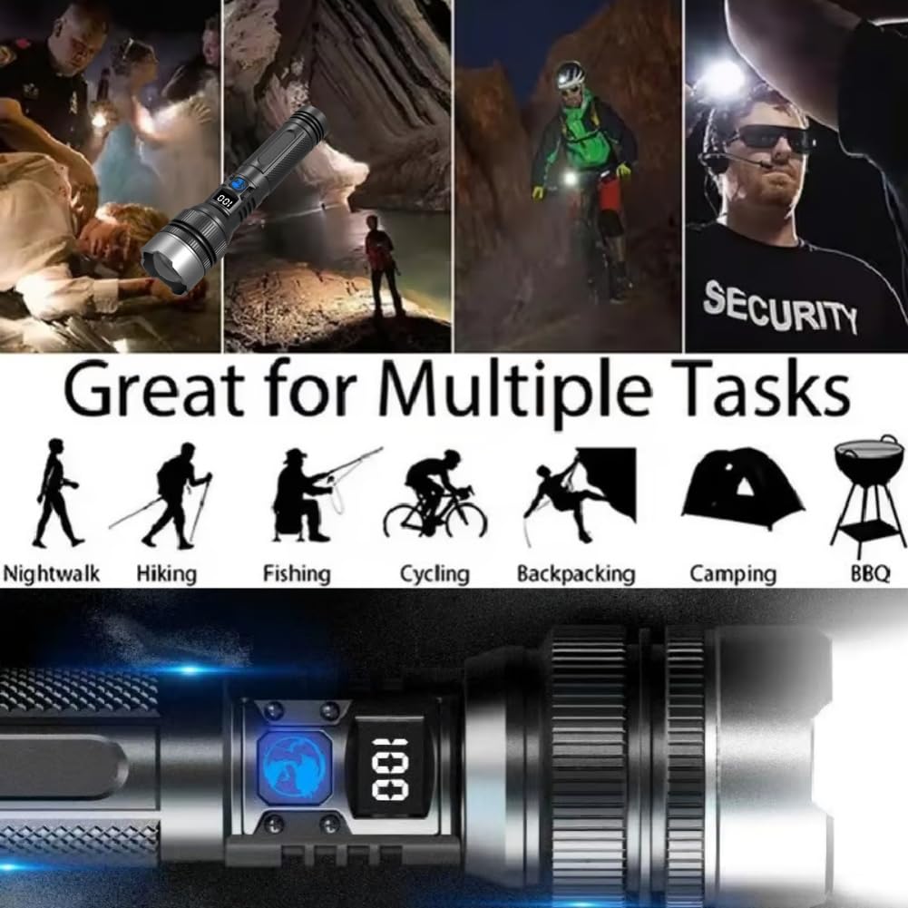 Cohbskj Benighty Flash Light,   Ultimate Survival Flashlight, Long Range 5000Ft, Lcd Digital Display, Acting As A Power Bank With 8 Light Modes, Outdoor (1Pcs)