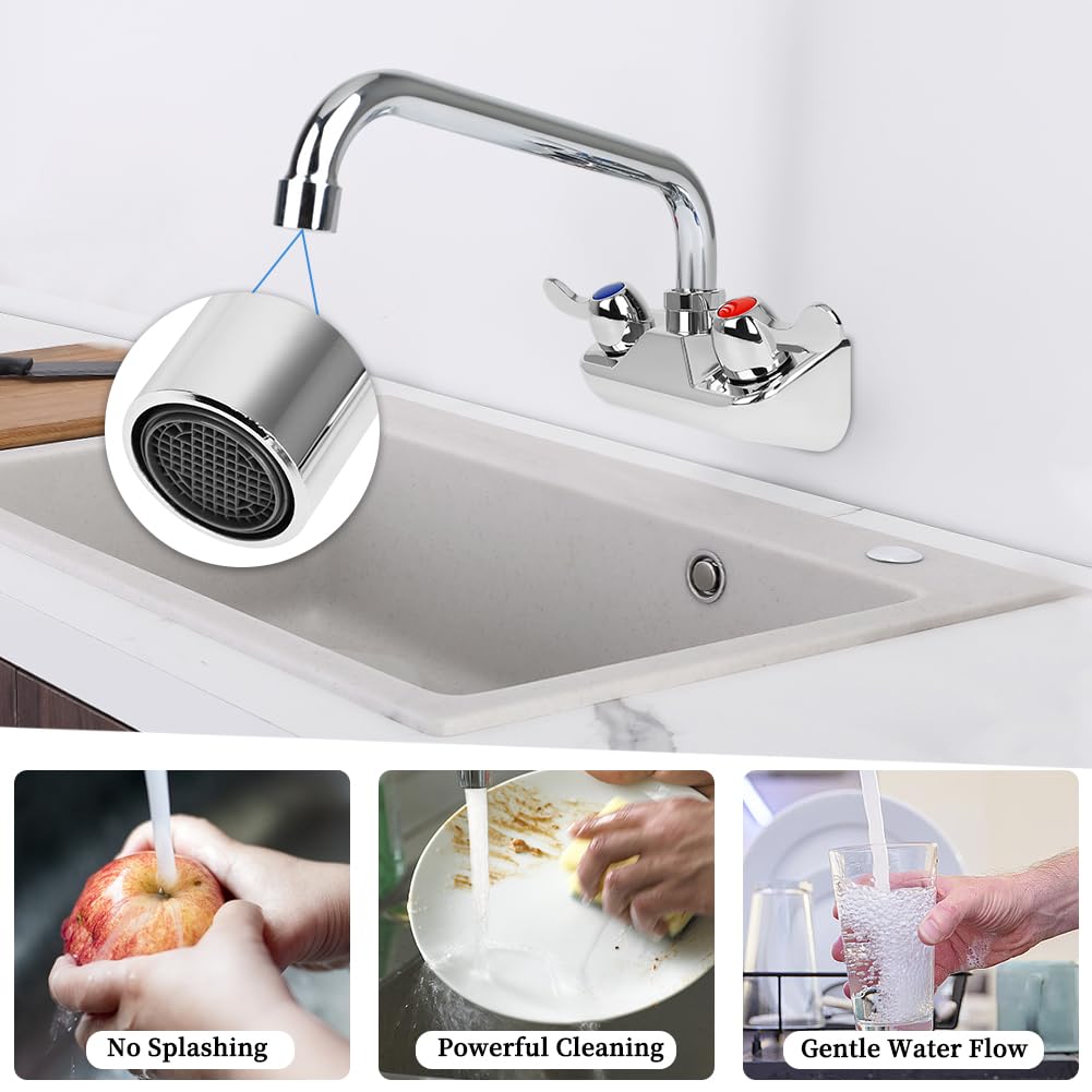 Tnroted 4 Inch Center Wall Mount Kitchen Hand Sink Faucet, Commercial Sink Faucet With 10" Swivel Spout, Dual Lever Handles Brass Constructed Utility Sink Faucet - 1/2" Npt Male Inlet