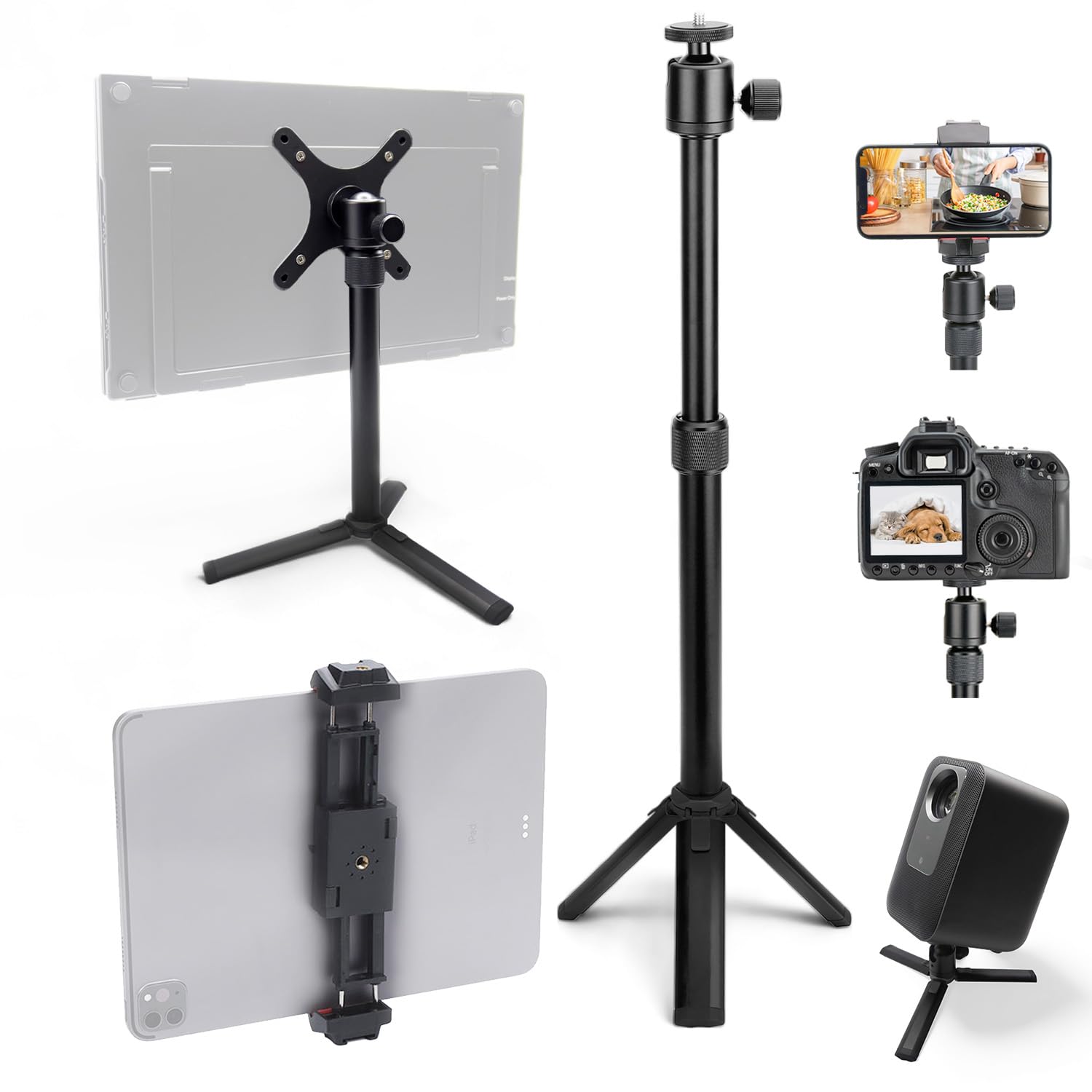 Kado Metal Portable Monitor Stand Tripod Premium Durable, 100X100Mm 75X75Mm Wall Mount Arm Mount Adapater Plate, 360° Ball Head And 1/4" Screw Compact For Phone, Tablet, Projector, Camera And Webcam