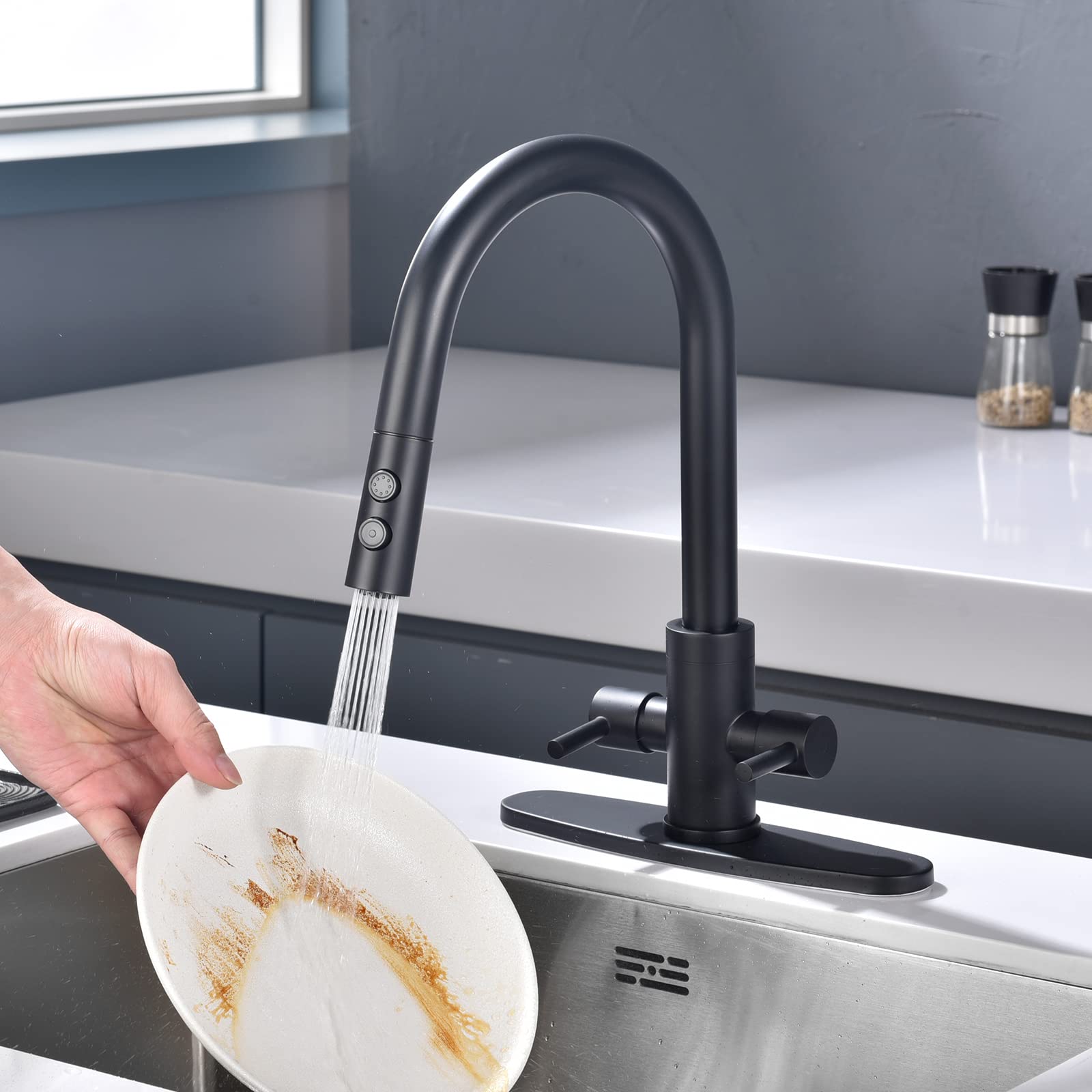 Paking Kitchen Faucet, Kitchen Sink Faucet, 2 Handles Sink Faucet, Faucet, Kitchen Faucet Pull Down, Faucet With Sprayer, Bar Faucet, Stainless Steel, Matte Black, Pb1047