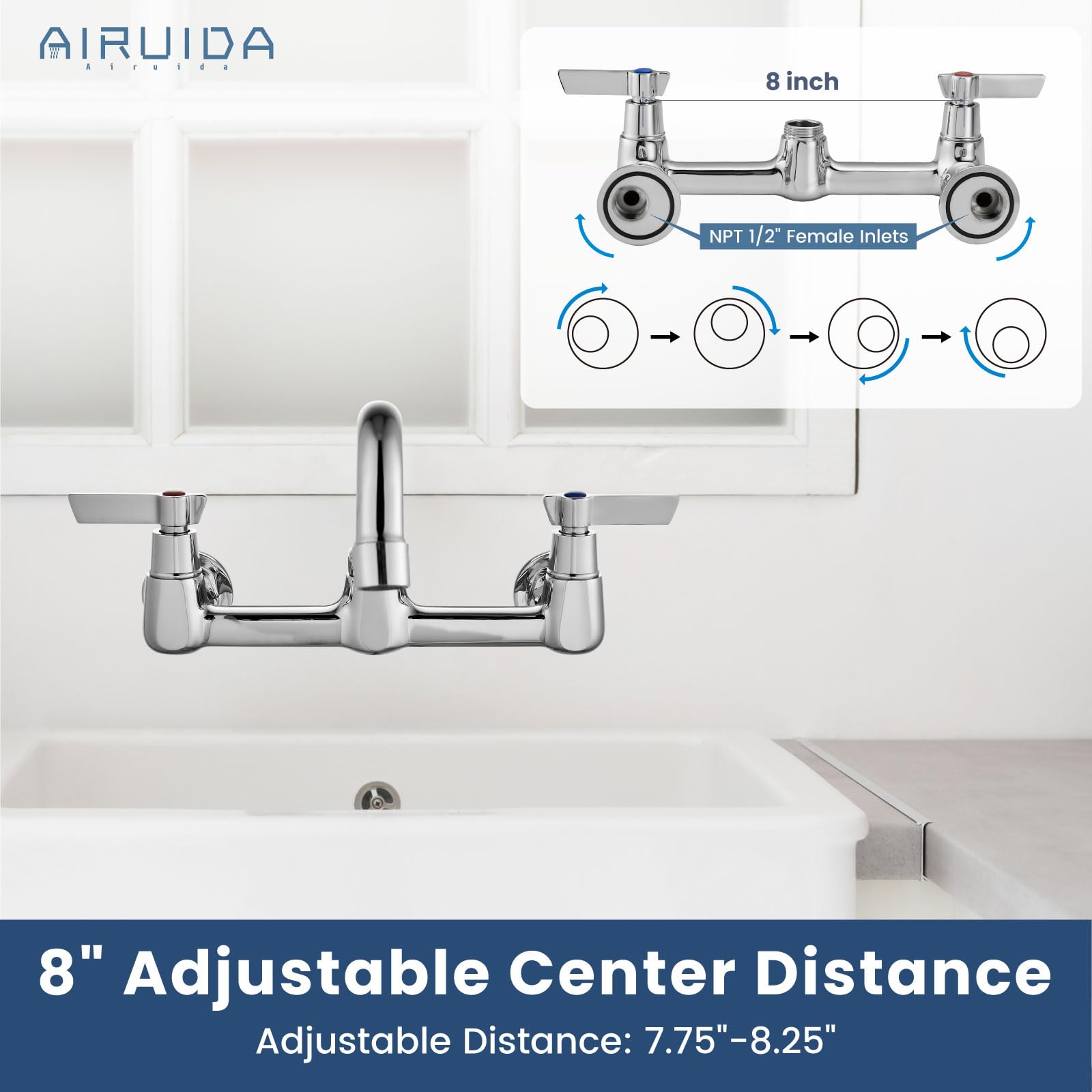 Airuida Chrome Polish Wall Mount Kitchen Sink Faucet Commercial Sink Faucet 8 Inch Center Kitchen Tap Restaurant Mixer For Laundry Room With 2 Hole Double Handles 360 Rotatable 8 Inches Swivel Spout