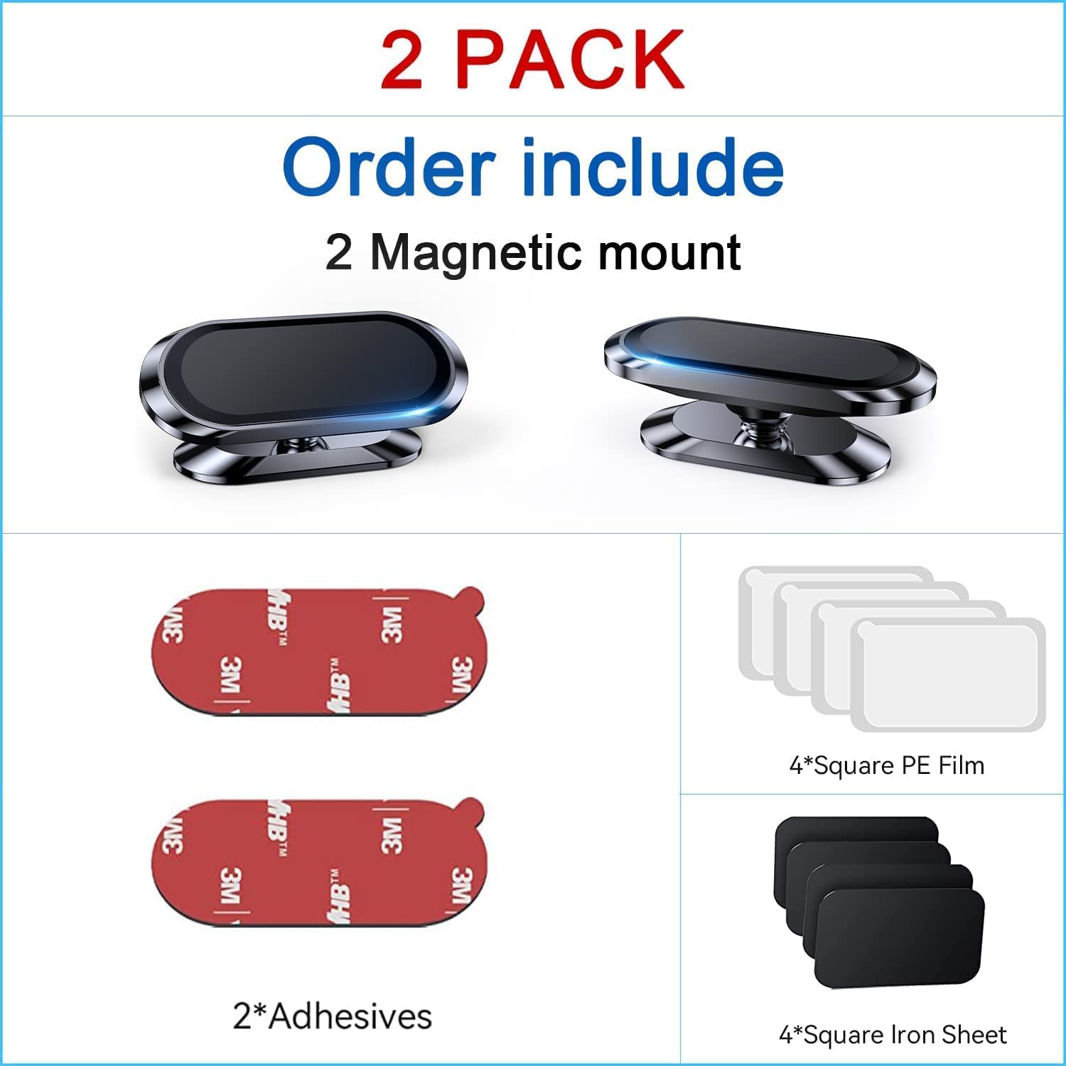 Romuto 【2-Pack】 Magnetic Phone Holder For Car, [ Super Strong Magnet][ With 4 Metal Plate ] Iphone Magnetic Carmount For Cell Phone, [ 360° Rotation ] Universal Dashboard Adhesive Car Magnetic Phone Mount