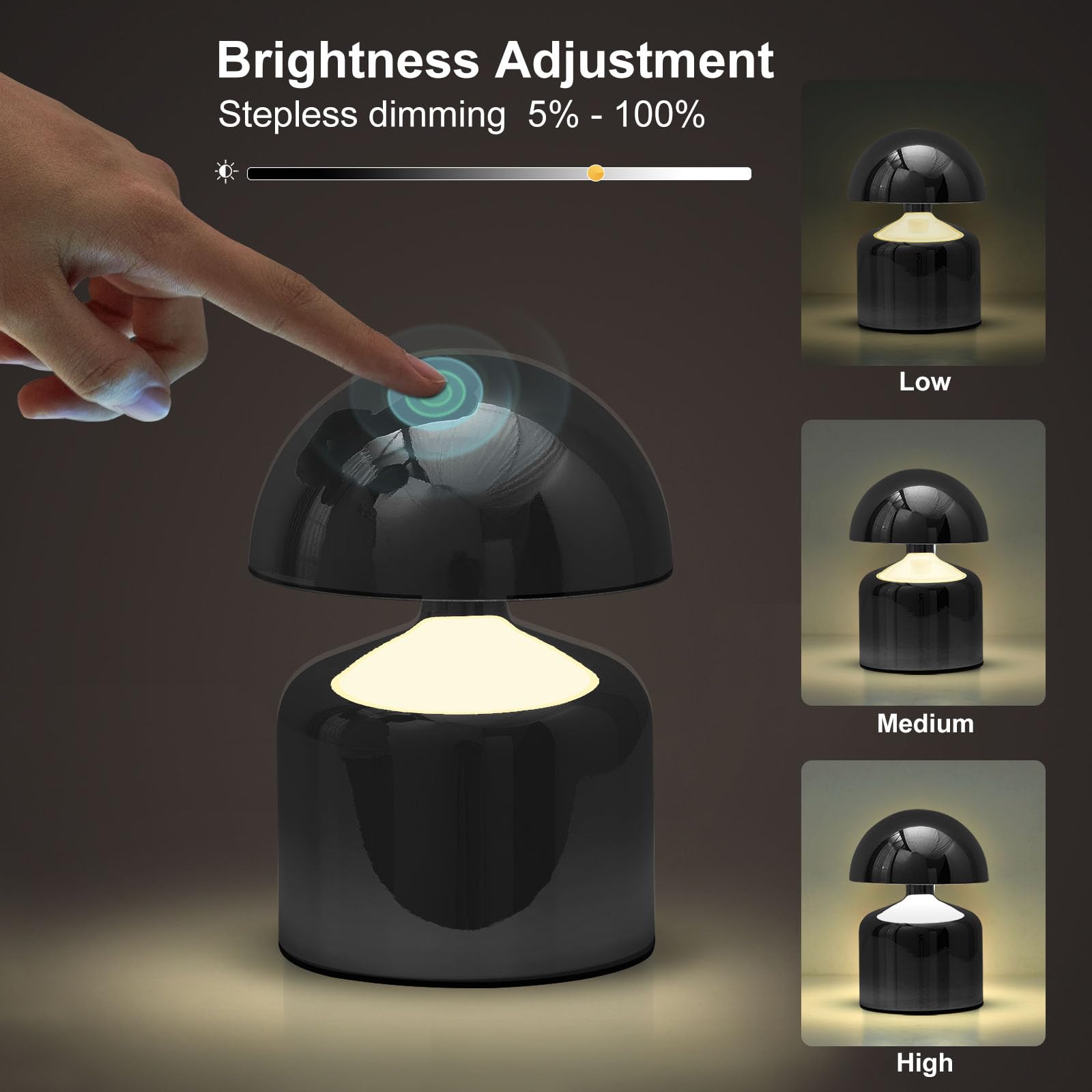 Saiweya Modern Cordless Mushroom Small Table Lamp Touch Led Lamps, 3-Way Dimmable Bedside Nightstand Lamp Mini Rechargeable Night Light For Bedroom, Living Room