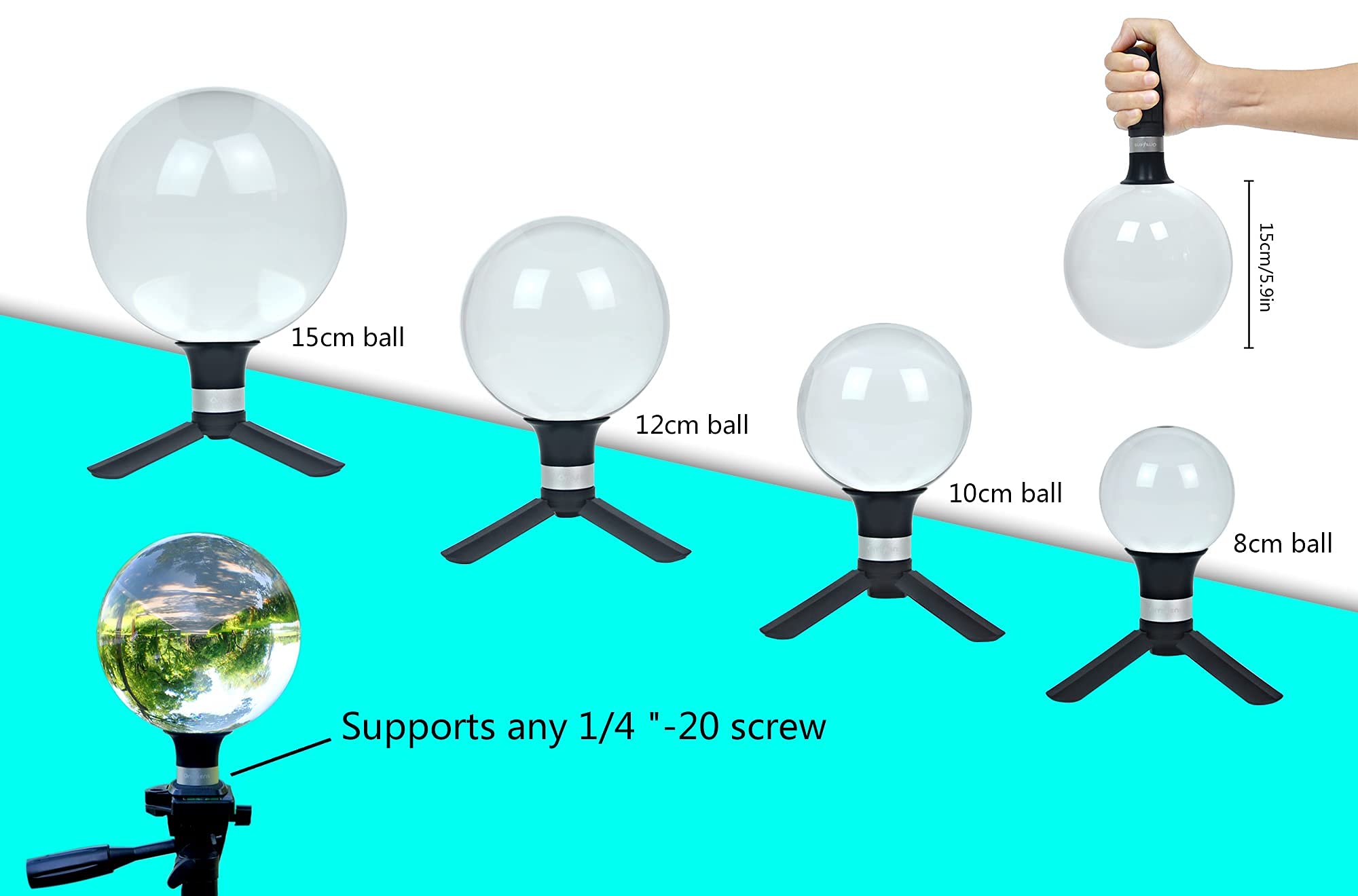 Omylens Lens Ball Stand Supports 60Mm/2.36" To 150Mm/5.9" Crystal Ball, Spherical Display Standing, Silicone Suction Cup+Golden Alumina Base (1/4"-20 General Internal Thread) + Mini Tripod