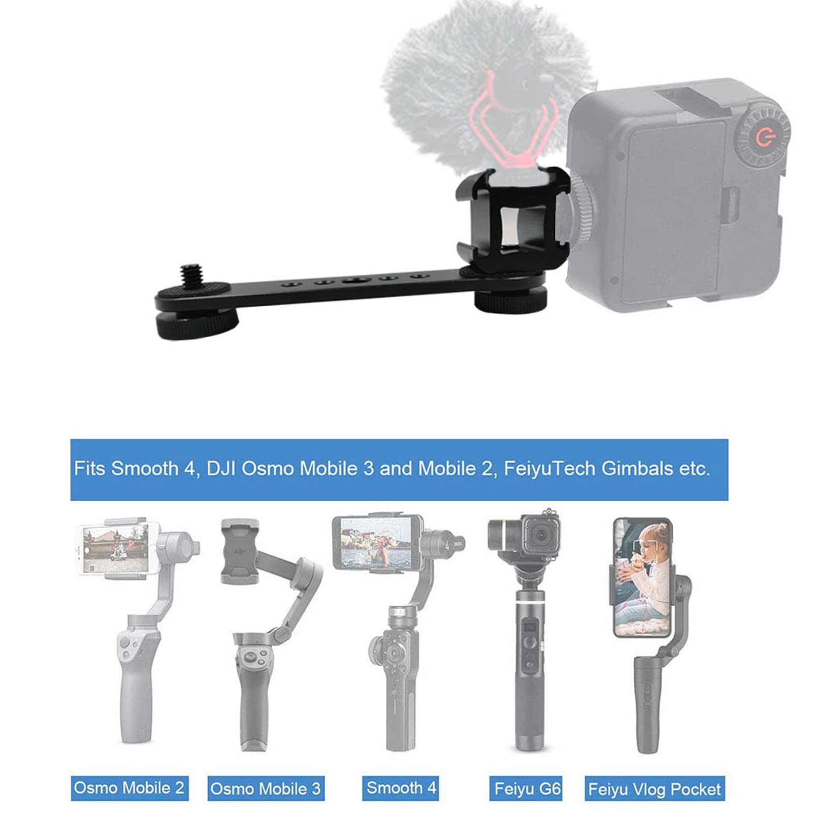 Hilitand Triple Cold Shoe Mount, Gimbal Microphone Light Extension Bar Bracket Aluminium Alloy With 1/4In And 3/8In Screw Holes For Dji Om 3/2, For Zhiyun Smooth 4, For Feiyu Gimbal Stabilizer(Dark Gray)