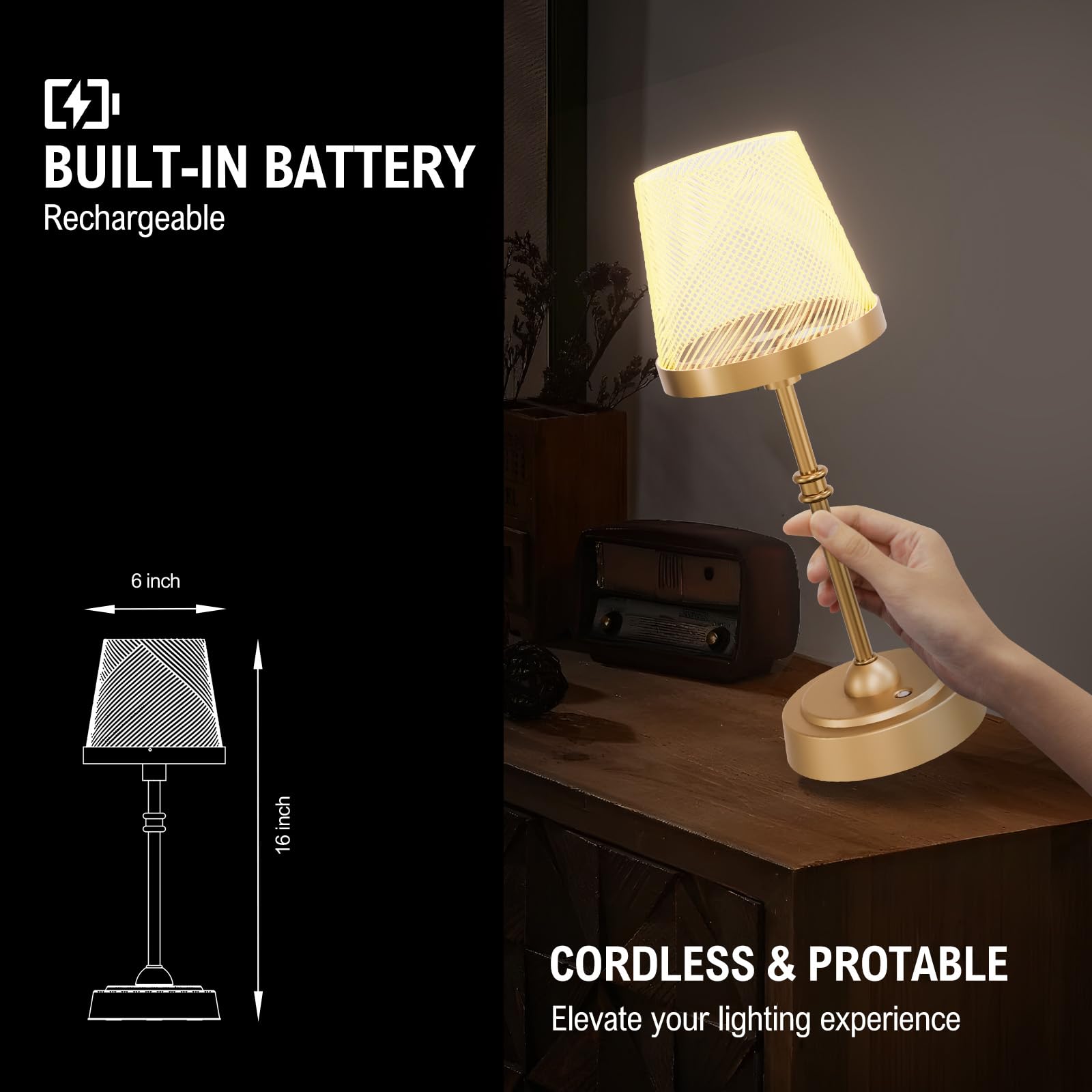 Lightania Cordless Table Lamp, Rechargeable Led Desk Lamp, 6000Mah Battery Operated Lamp, 3 Color Stepless Dimming, Portable Touch Lamp, Bedside Table Lamp For Living Room Bedroom Restaurant Night Light, Gold