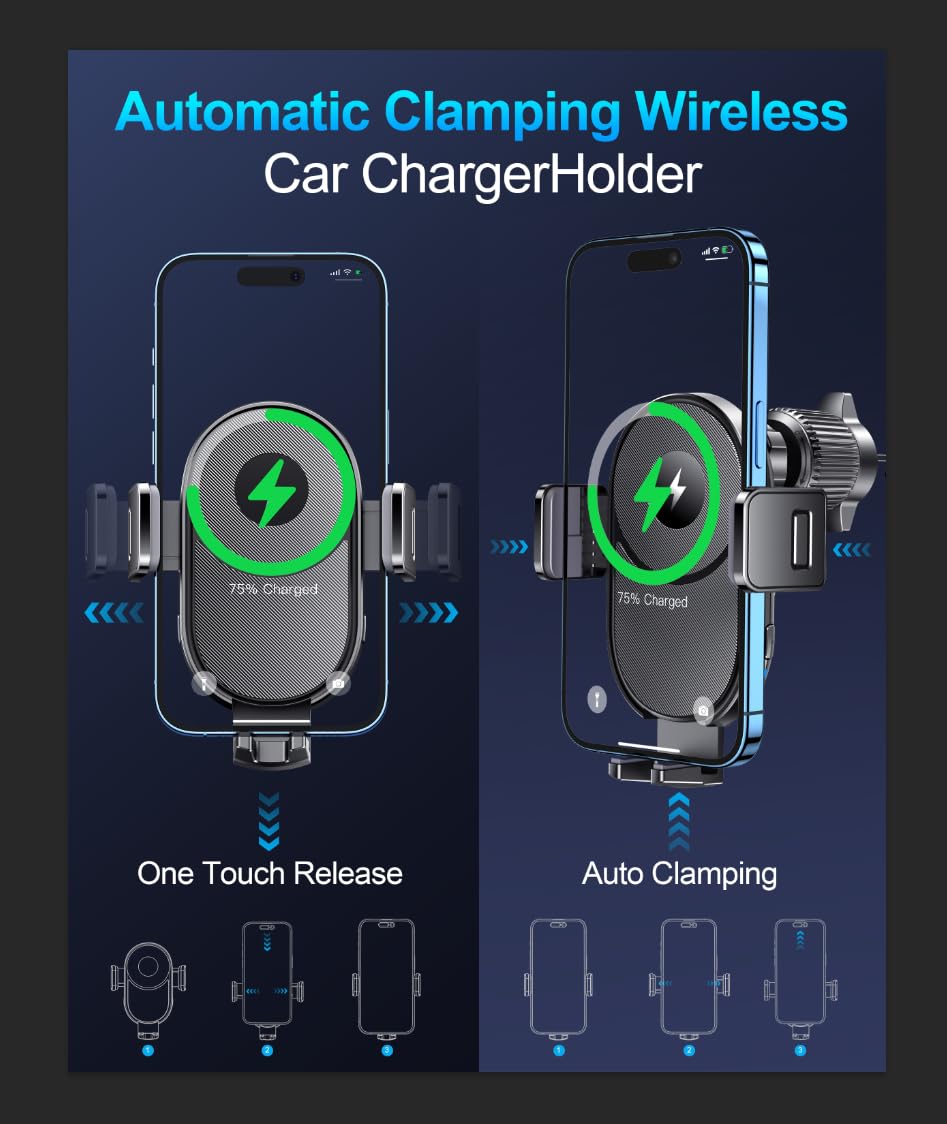 Guceful Wireless Car Charger, 15W Fast Charging Auto Clamping Car Phone Holder Wireless Charger Air Vent Car Phone Mount Fit For Iphone 15 14 13 12 Mini Pro Max 11 Xr Xs X, Samsung Galaxy S23 S22 S21+