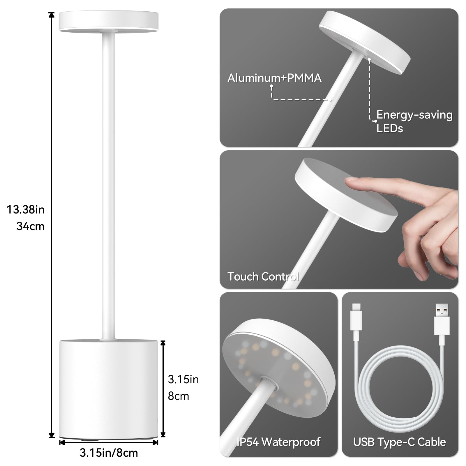 Sigroy Led Cordless Table Lamps Set Of 2, Portable Rechargeable 5000Mah Outdoor Table Lamp With 3 Color Stepless Dimming, Small Cordless Lamp For Dinner, Patio, Restaurant & Bedroom - Battery Powered, White
