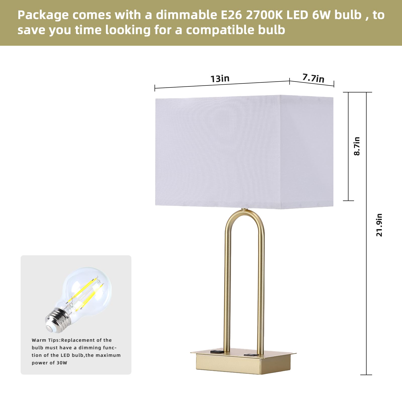 Conca Bedside Touch Control Table Lamp With Type C/Usb Charging Port And 1 Ac Outlet, White Square Fabric Shade For Hotel, Bedroom Living Room, Officepackage Includes Bulb (Gold)