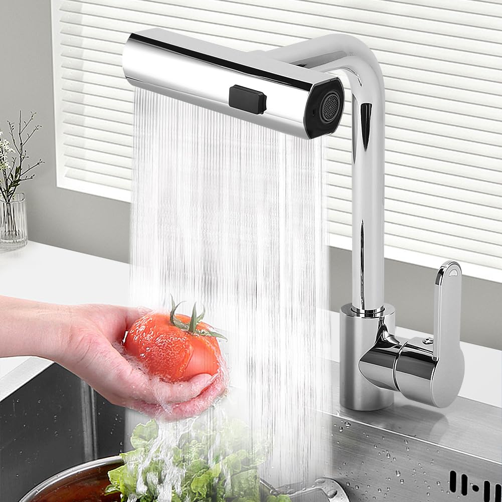 Cocoarm 3 In 1 Function Kitchen Sink Faucet, Stainless Steel 360 Degree Rotation Waterfall Modern Faucet For Kitchen Sink, Bar, Laundry (Silver)