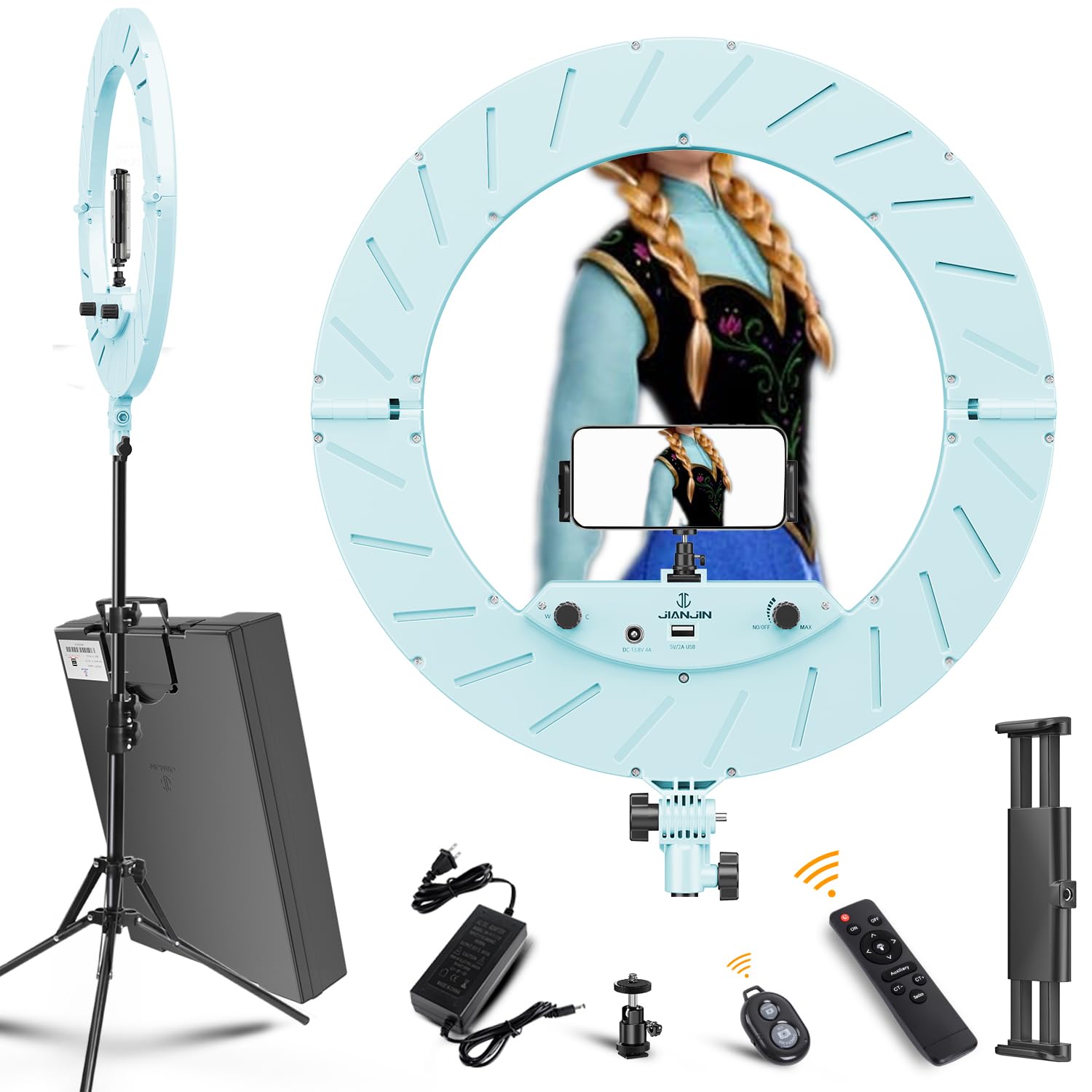 Jj Jianjin Ring Light 18 Inch Kit,55W6700K Dimmable Led Light, Tripod Stand, Remote Controller,Box For Camera,Smartphone,Youtube,Tiktok,Self-Portrait Shooting,Cri95 (Ice Blue (Ice Blue Like A-N-N-E))